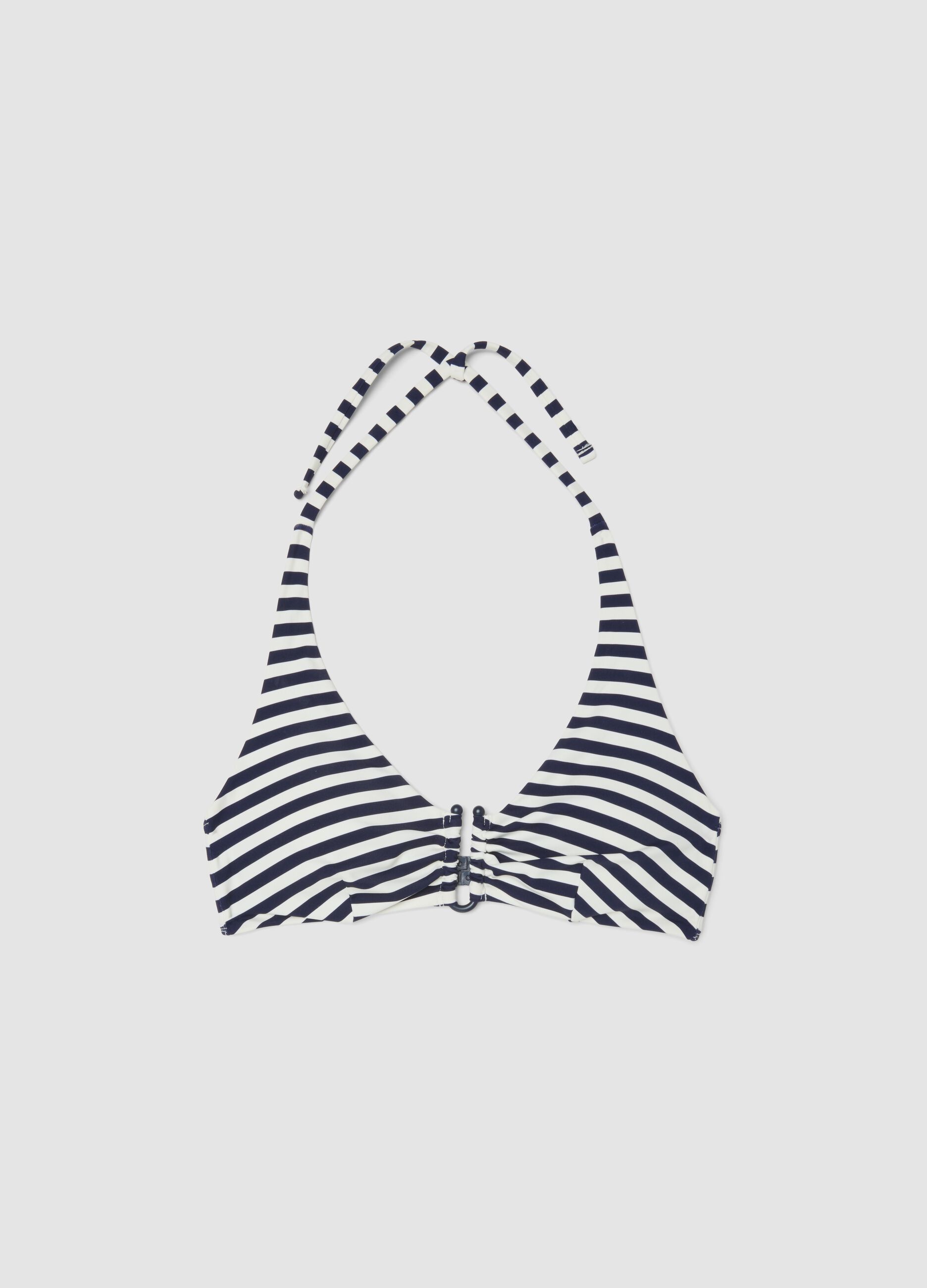 Blue and white striped triangle bikini top in stretch fabric