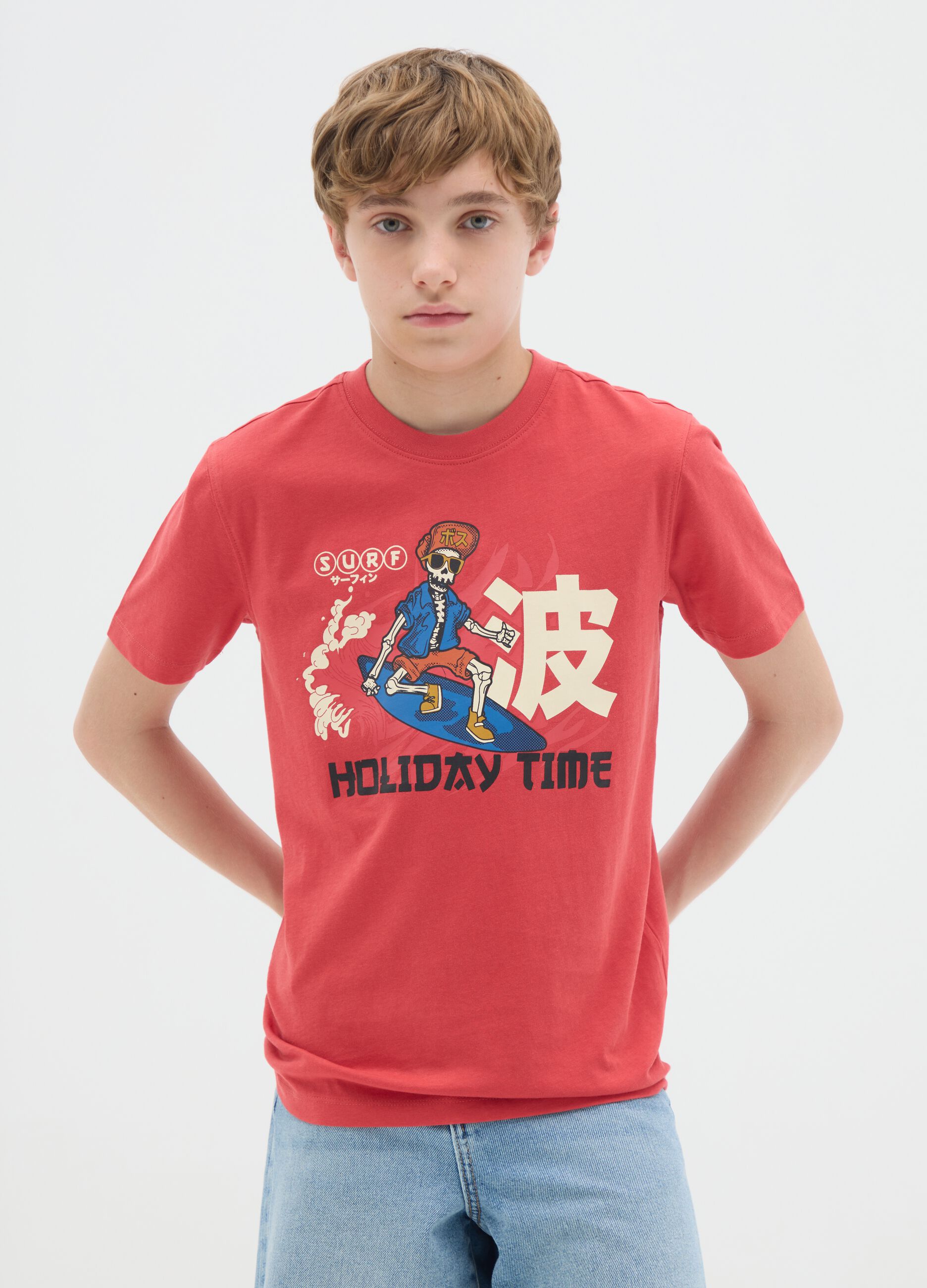 Boys' pure cotton red regular fit T-shirt with print