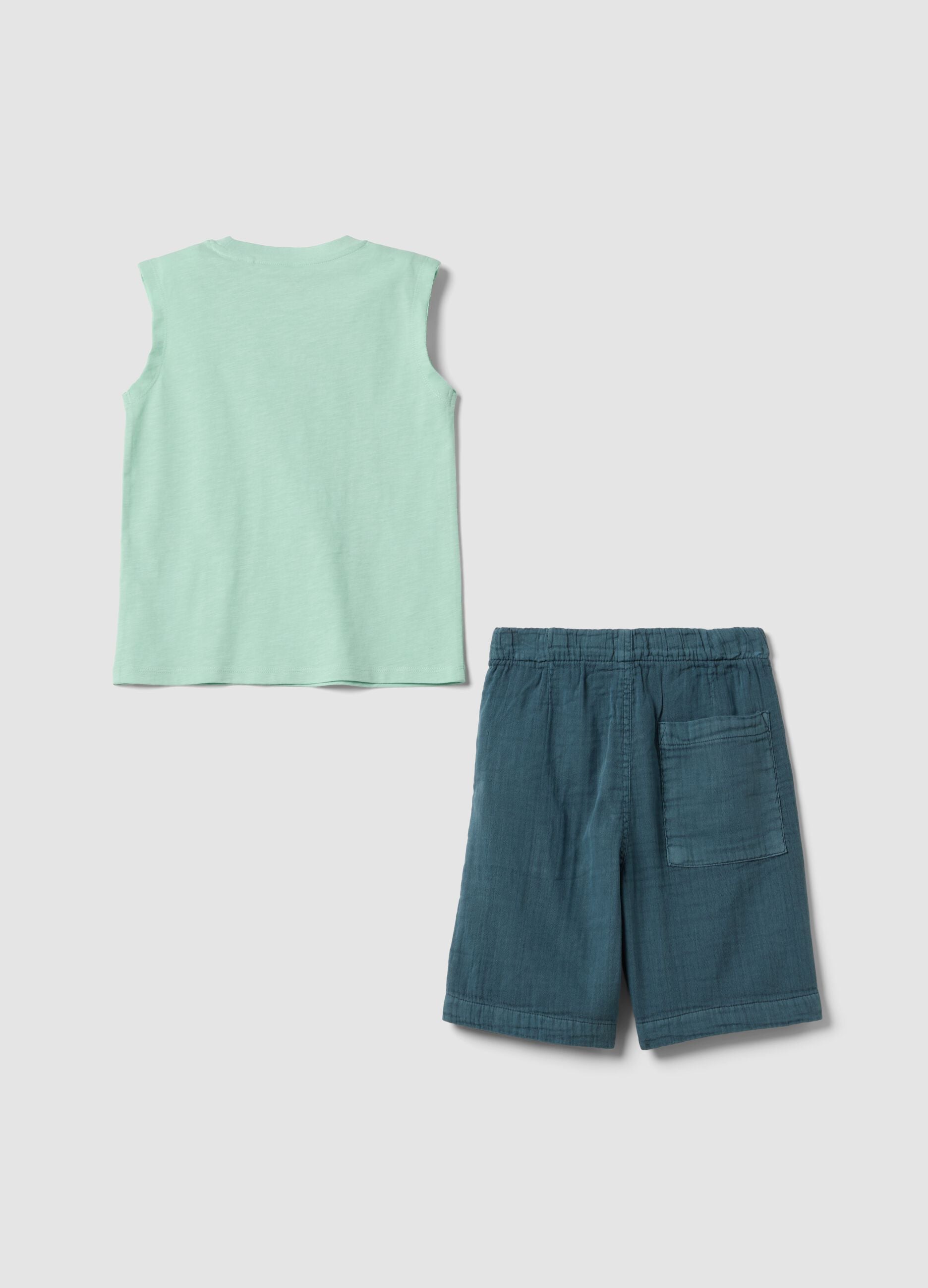 Green and blue pure cotton set with sleeveless top and shorts for boys, regular fit