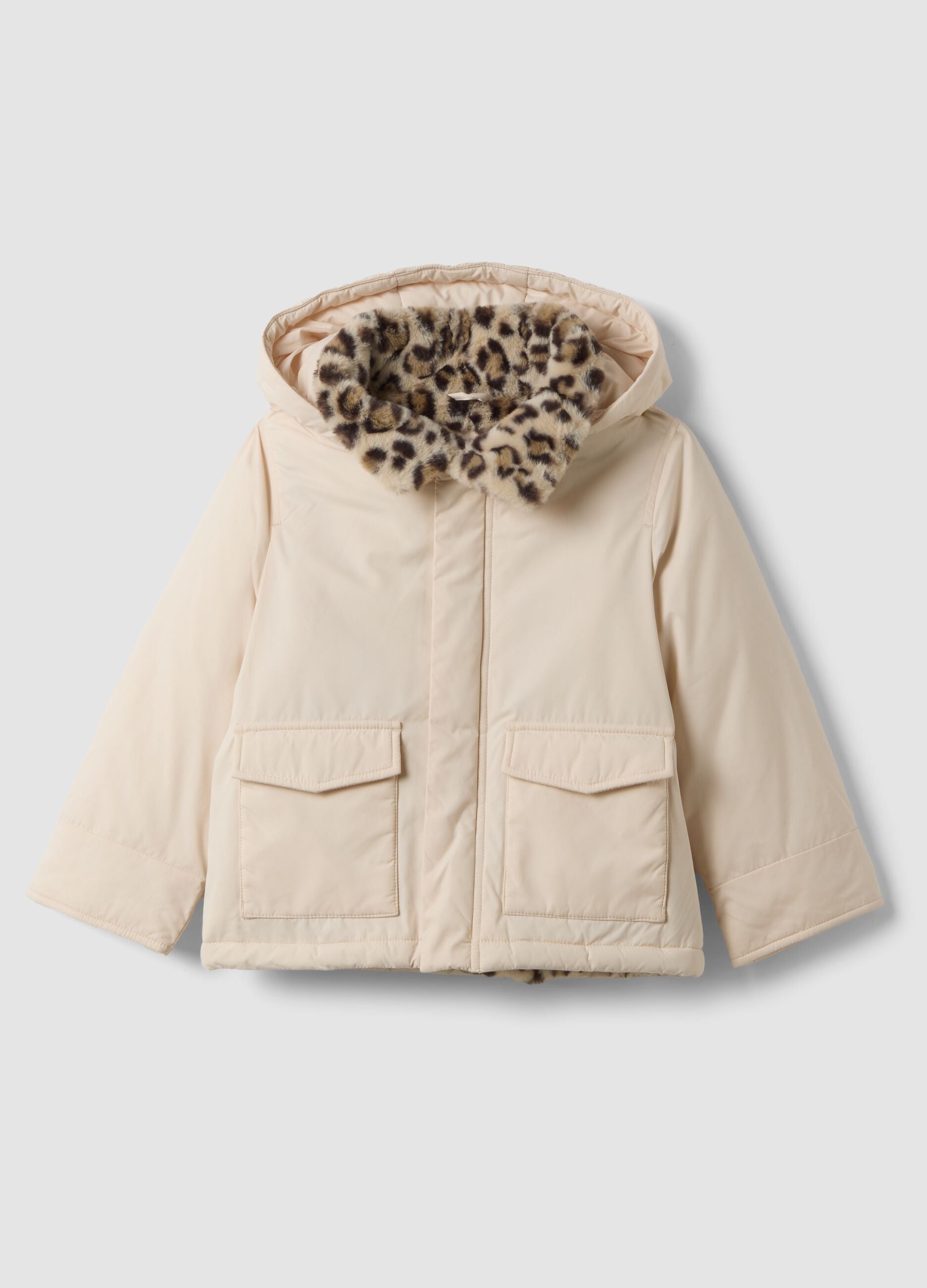 Giacca rosa imbottita con cappuccio e interno animalier