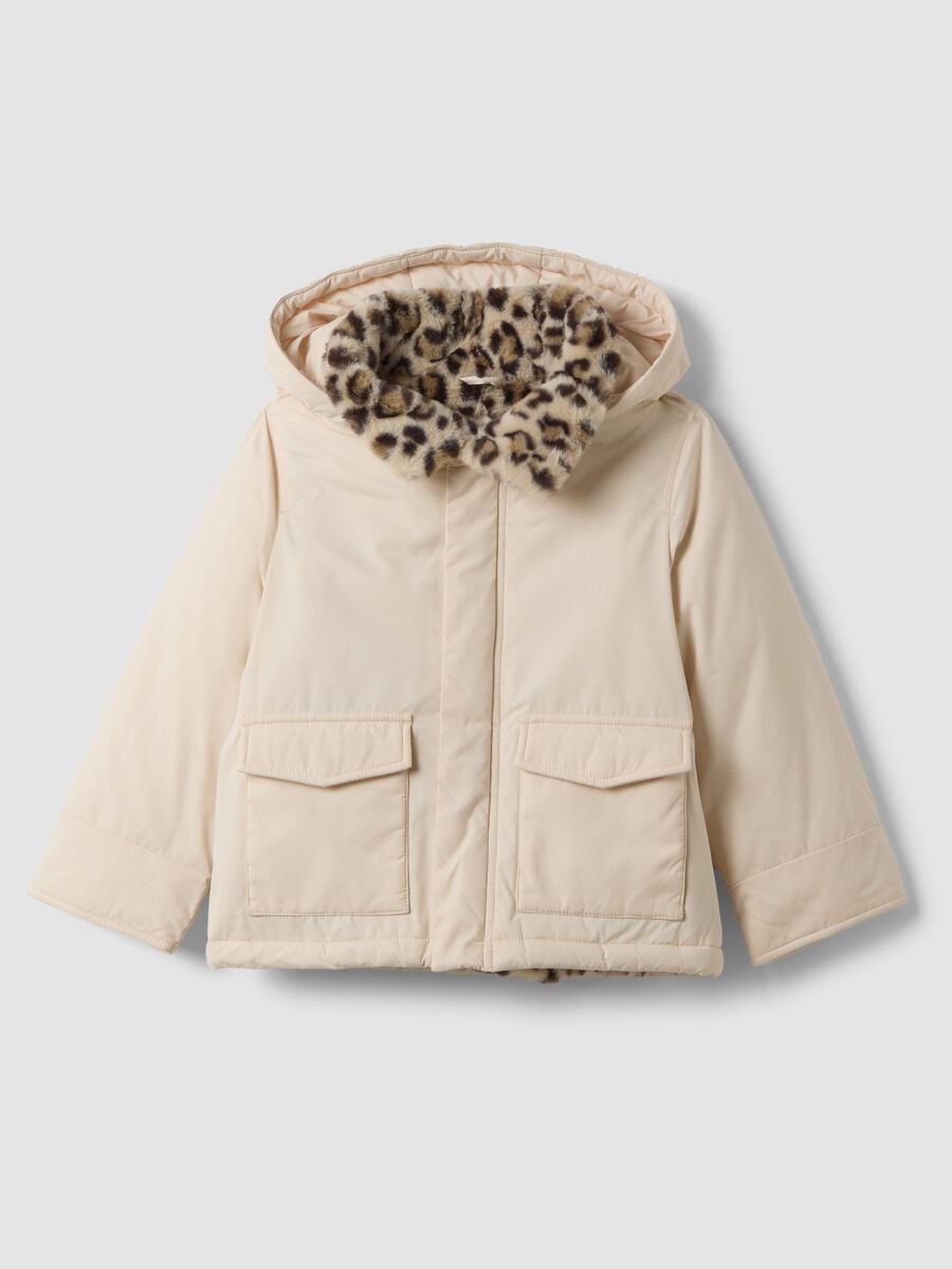 Pink padded hooded jacket with animal-print lining_0