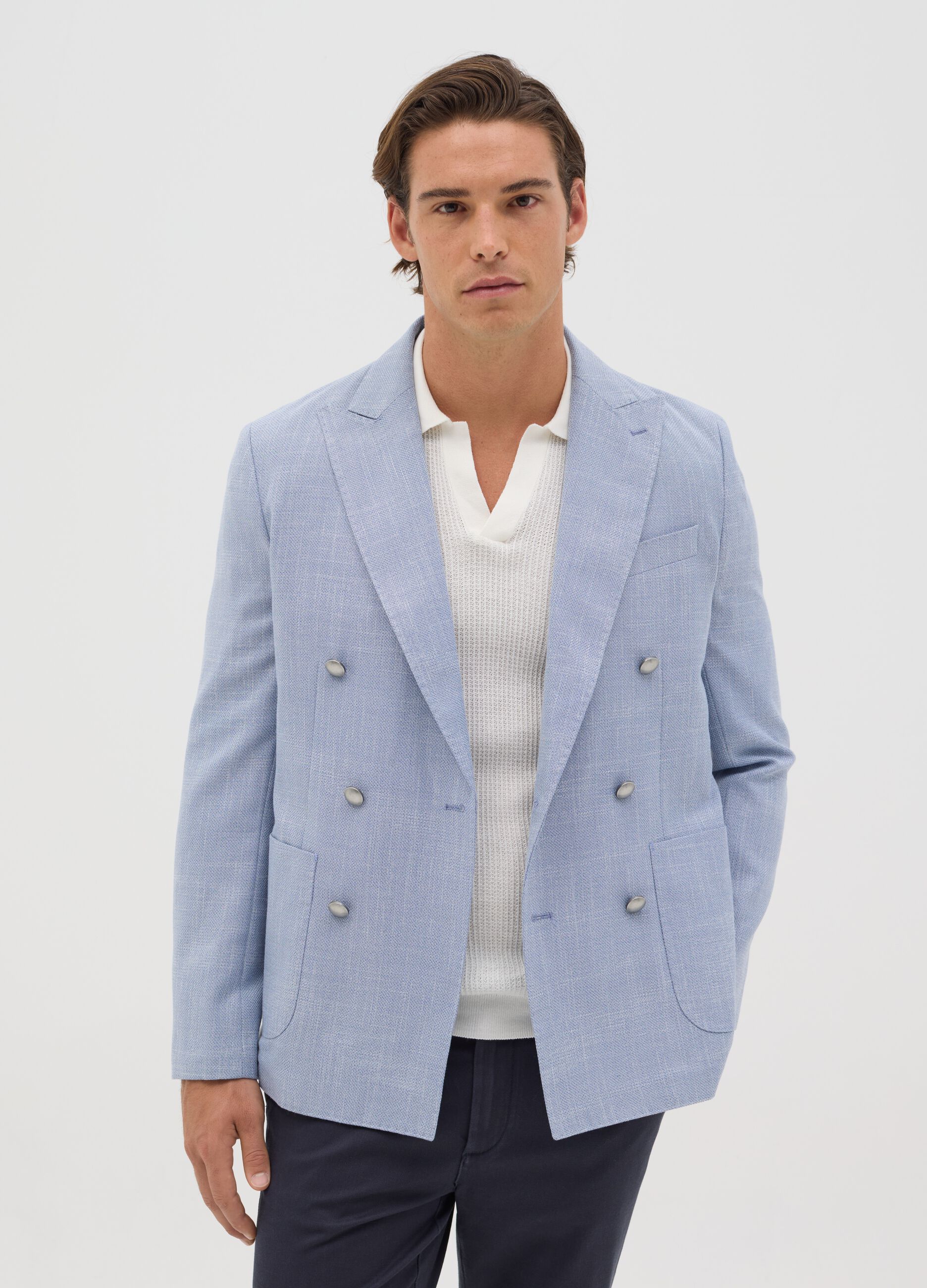 Light blue slim-fit double-breasted blazer