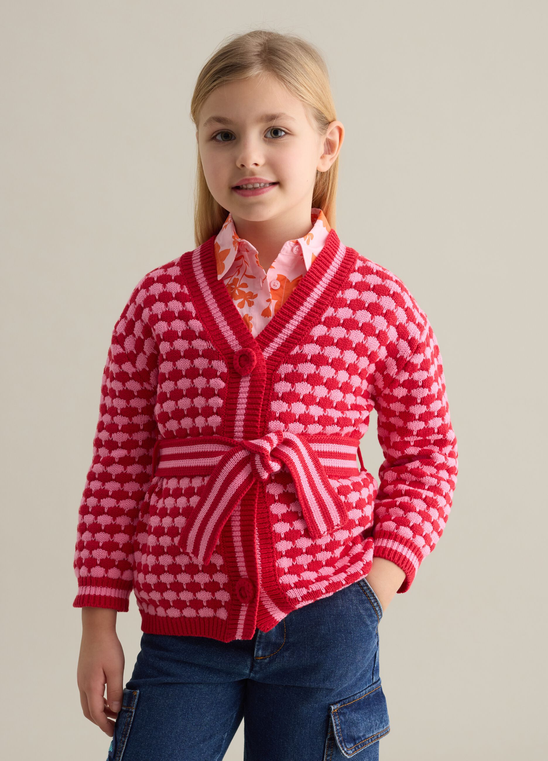 Cardigan with geometric motif and belt