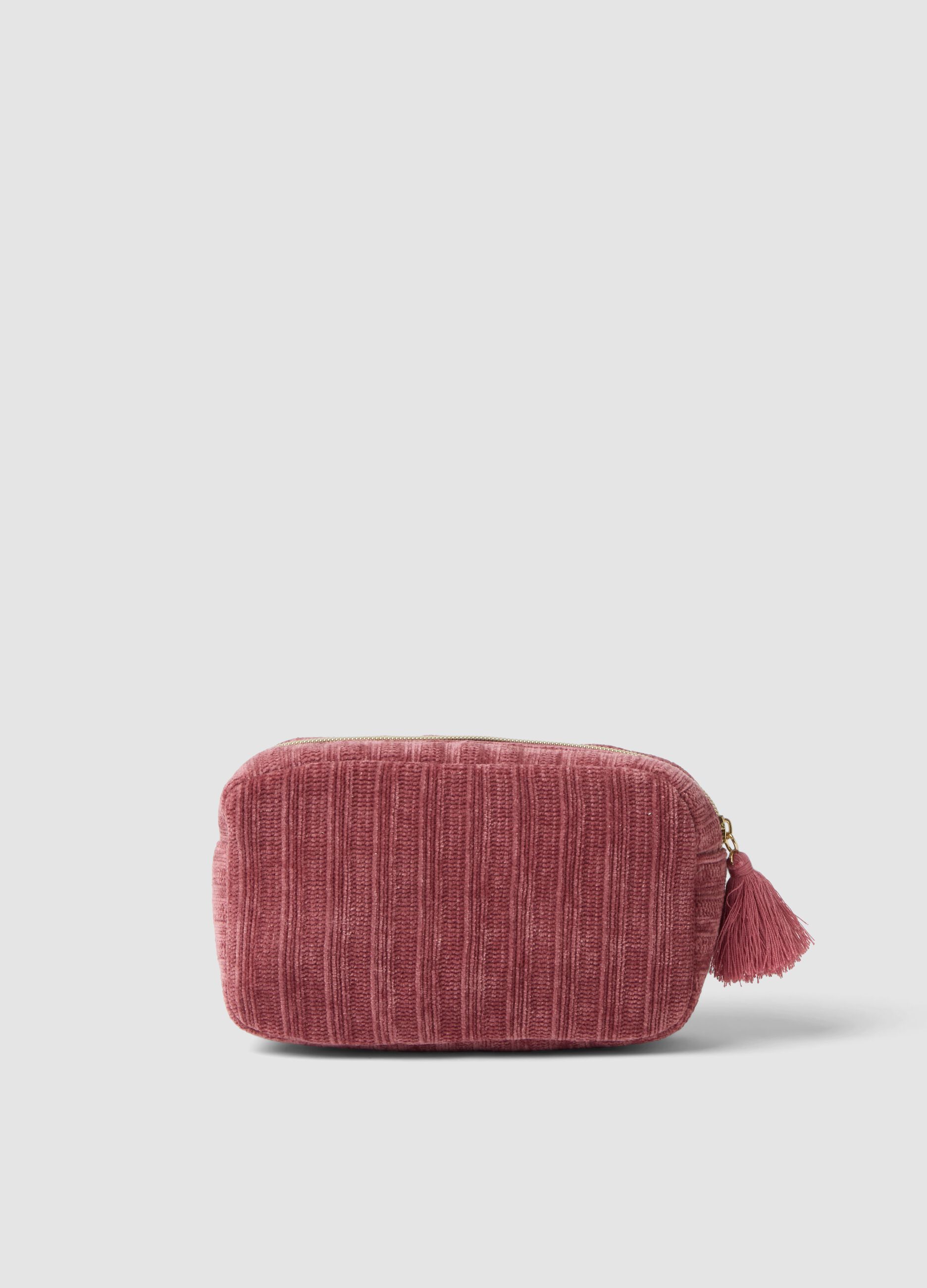 Beauty case rosa con ricamo floreale e nappina
