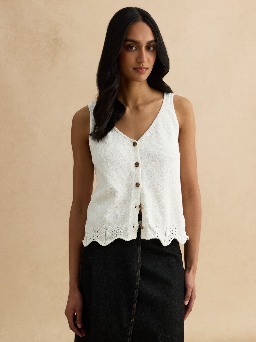 White cotton blend regular fit tank top with buttons_2