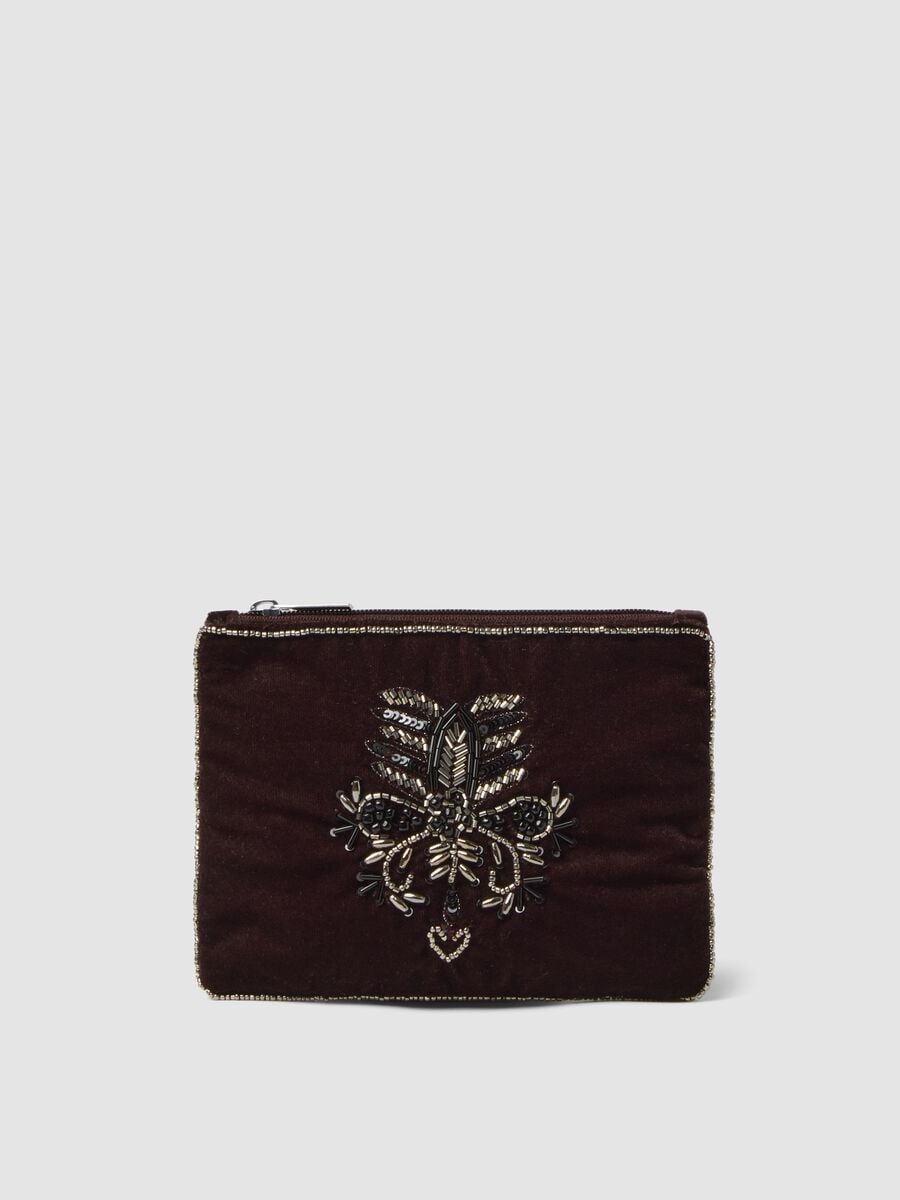 Brown pouch with beaded embroidery and zip_0