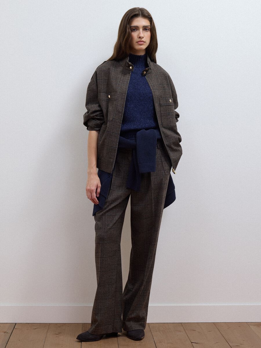 Brown wide-leg checked stretch-viscose trousers_0