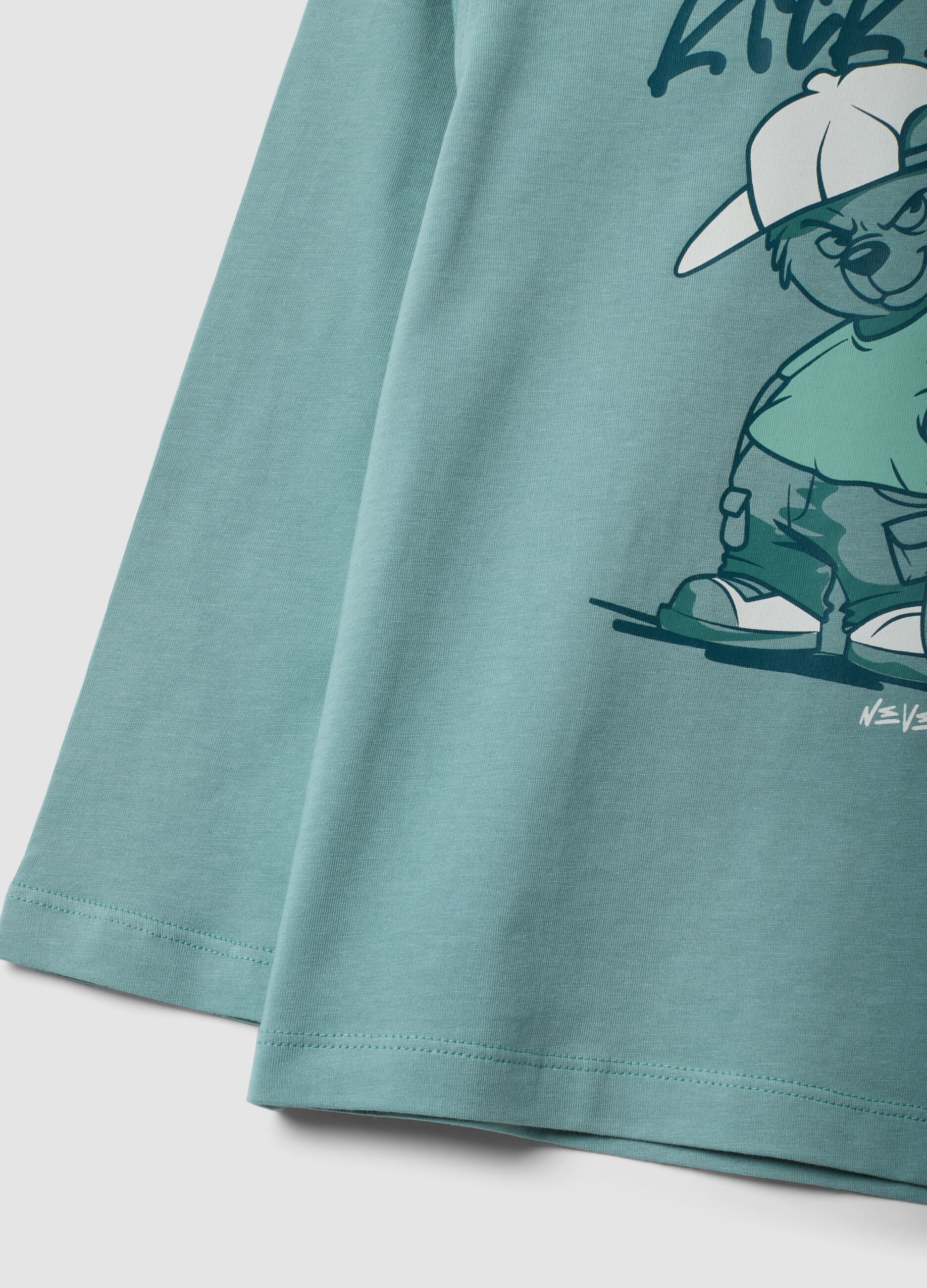 Green oversized pure cotton T-shirt with skate print for boys