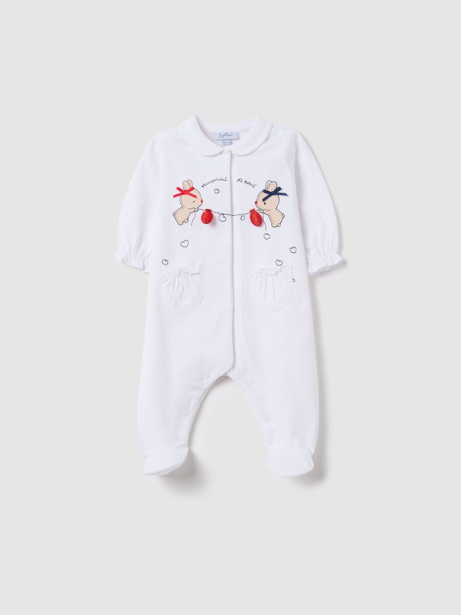 Cotton onesie with feet and rabbits embroidery_0