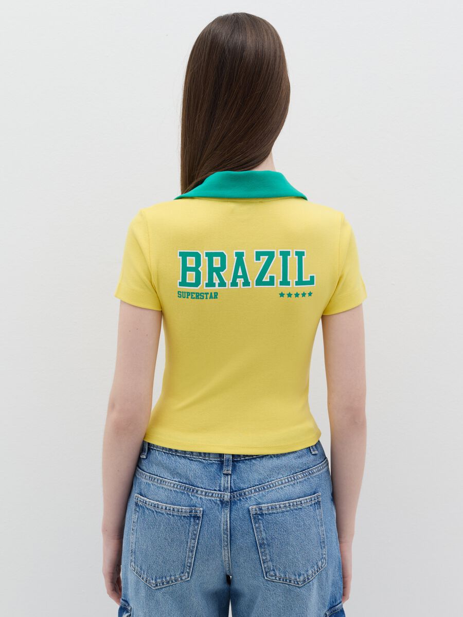 Yellow T-shirt with polo neck and "Brasile" print_3