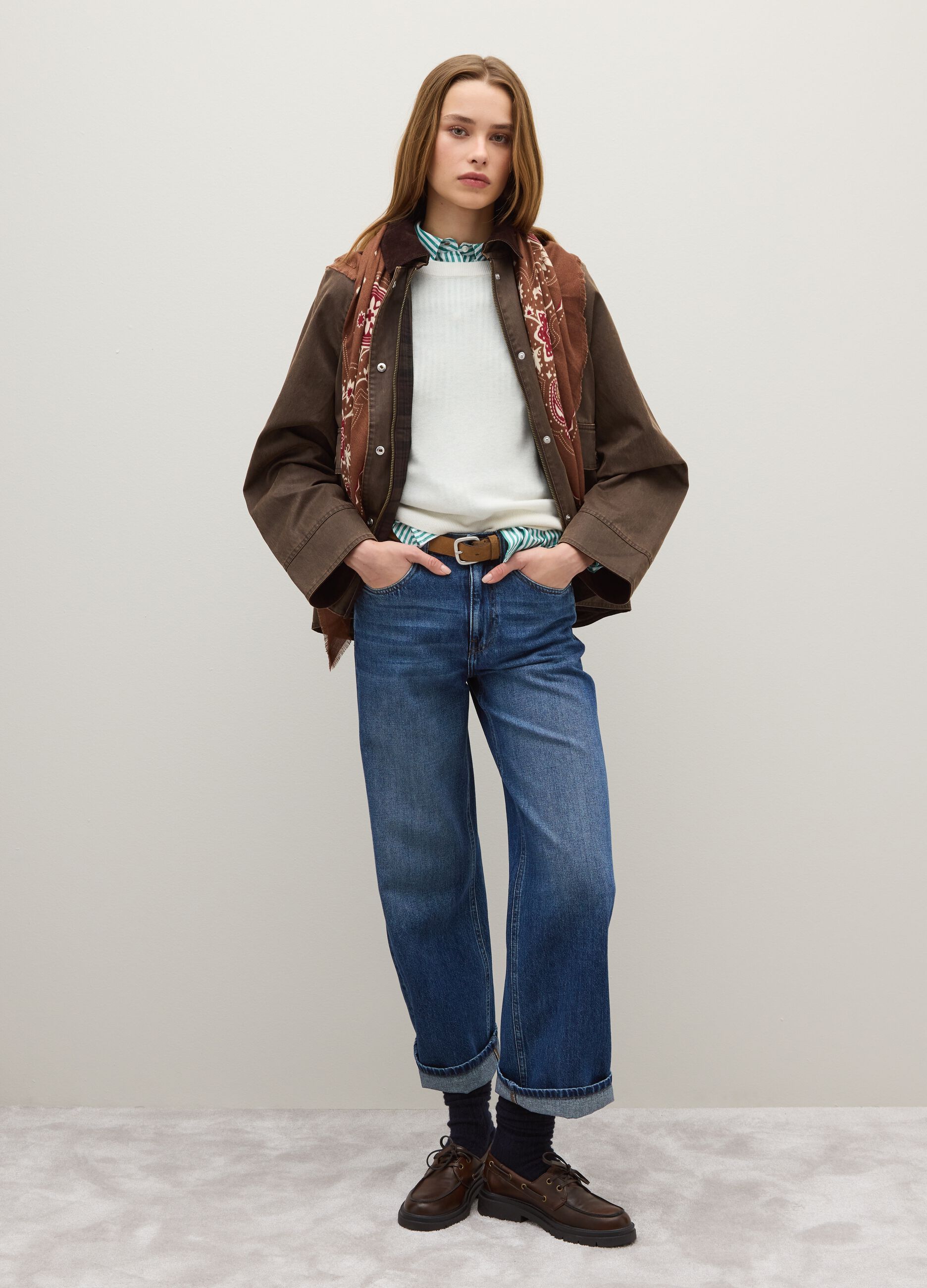 Brown cotton blend jacket with buttons and zip