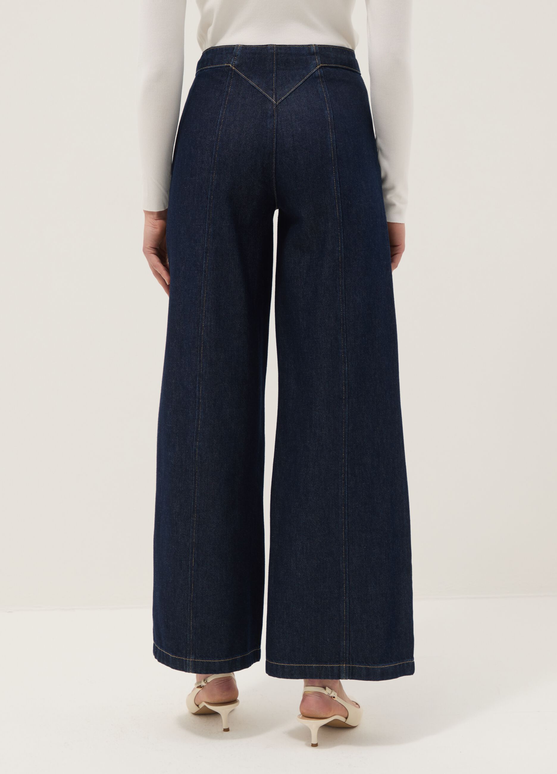 Blue Denim Wide Leg Trousers in Cotton Blend