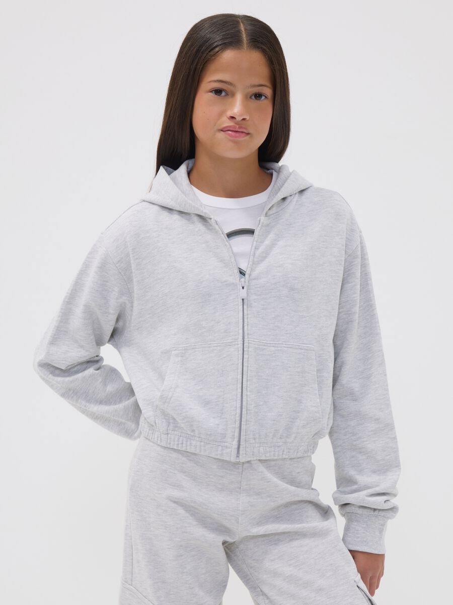 Girls&rsquo; short grey pure cotton hoodie with crew neck_1