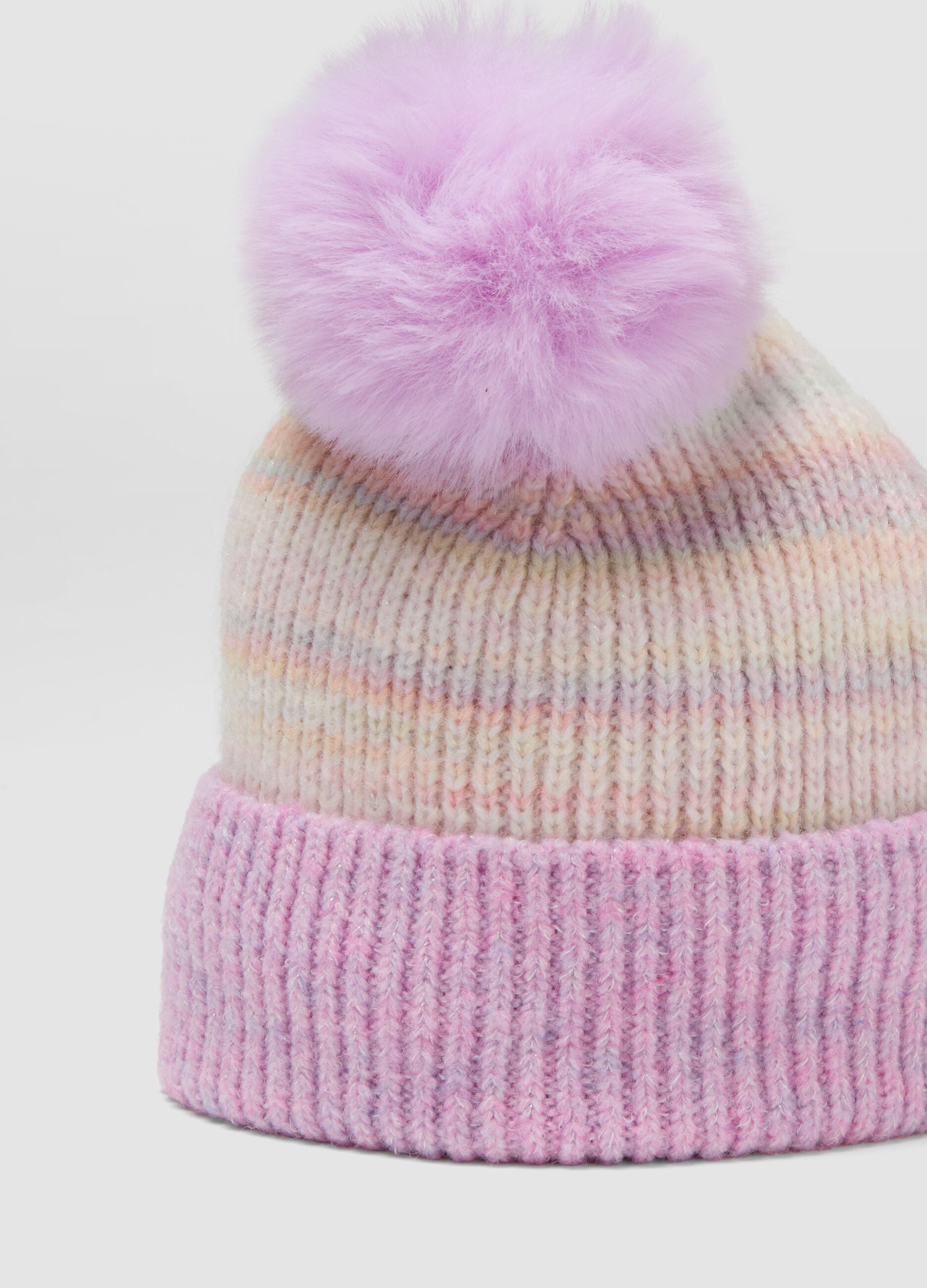 Multicolour patterned hat with pom-pom