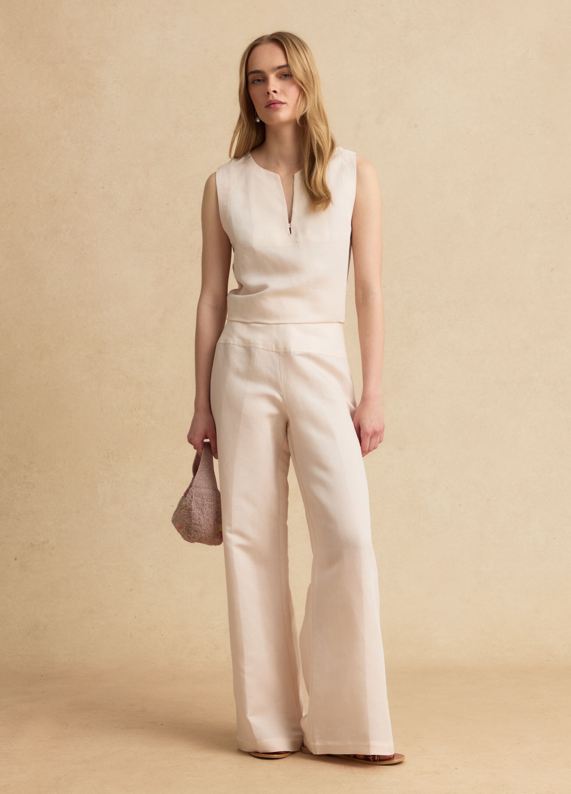 Pink linen-viscose blend wide-leg trousers with side zip fastening