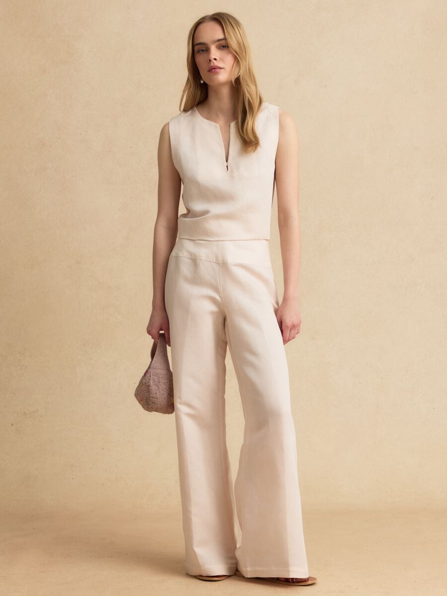 Pantaloni rosa in misto lino e viscosa wide leg_0