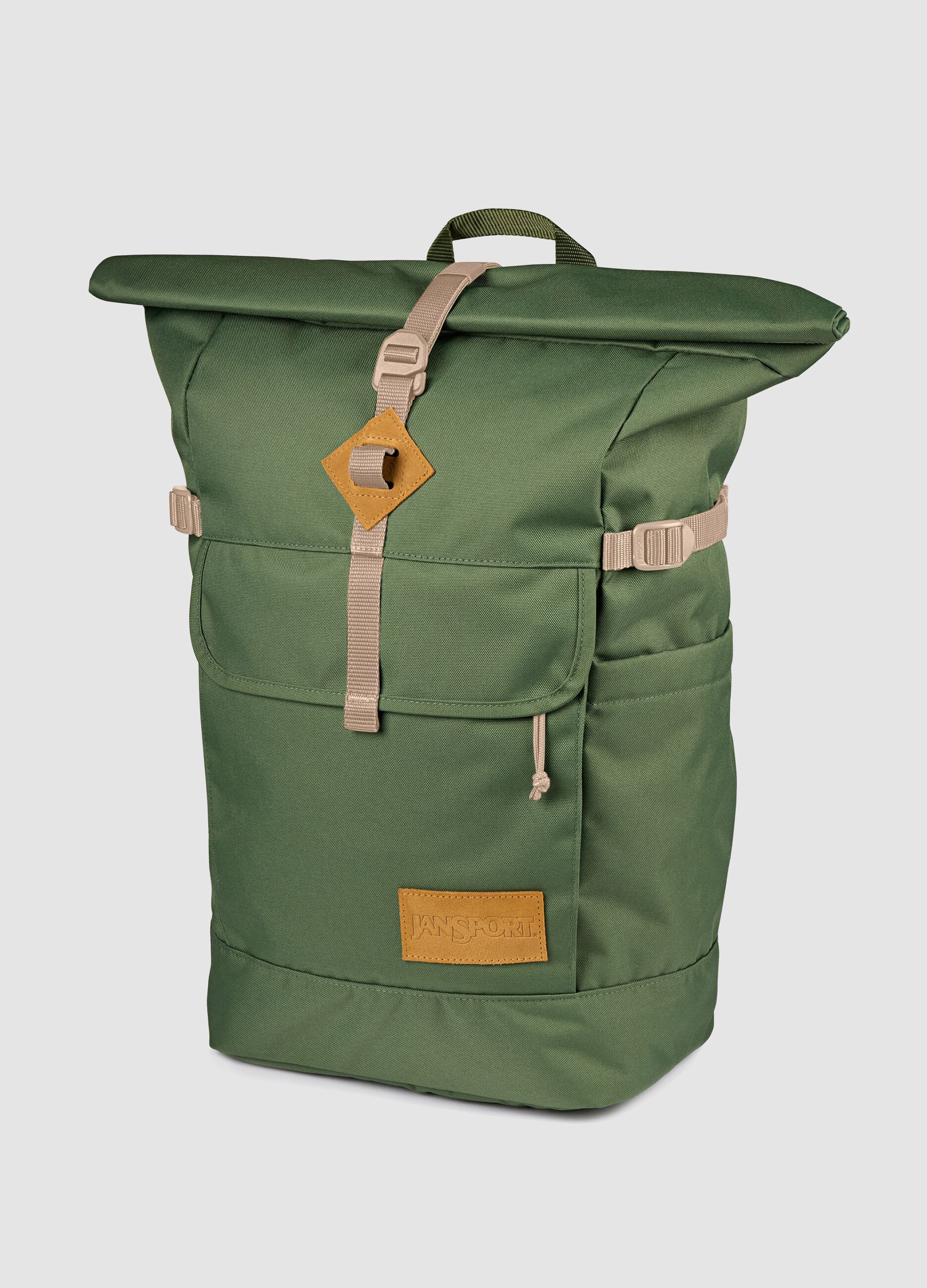 Green roll-top backpack with pockets