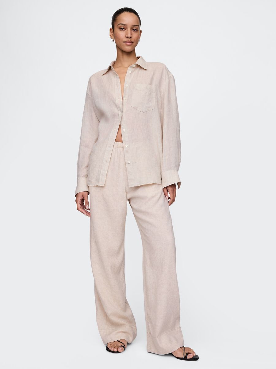 Beige wide-leg trousers in linen and viscose_0