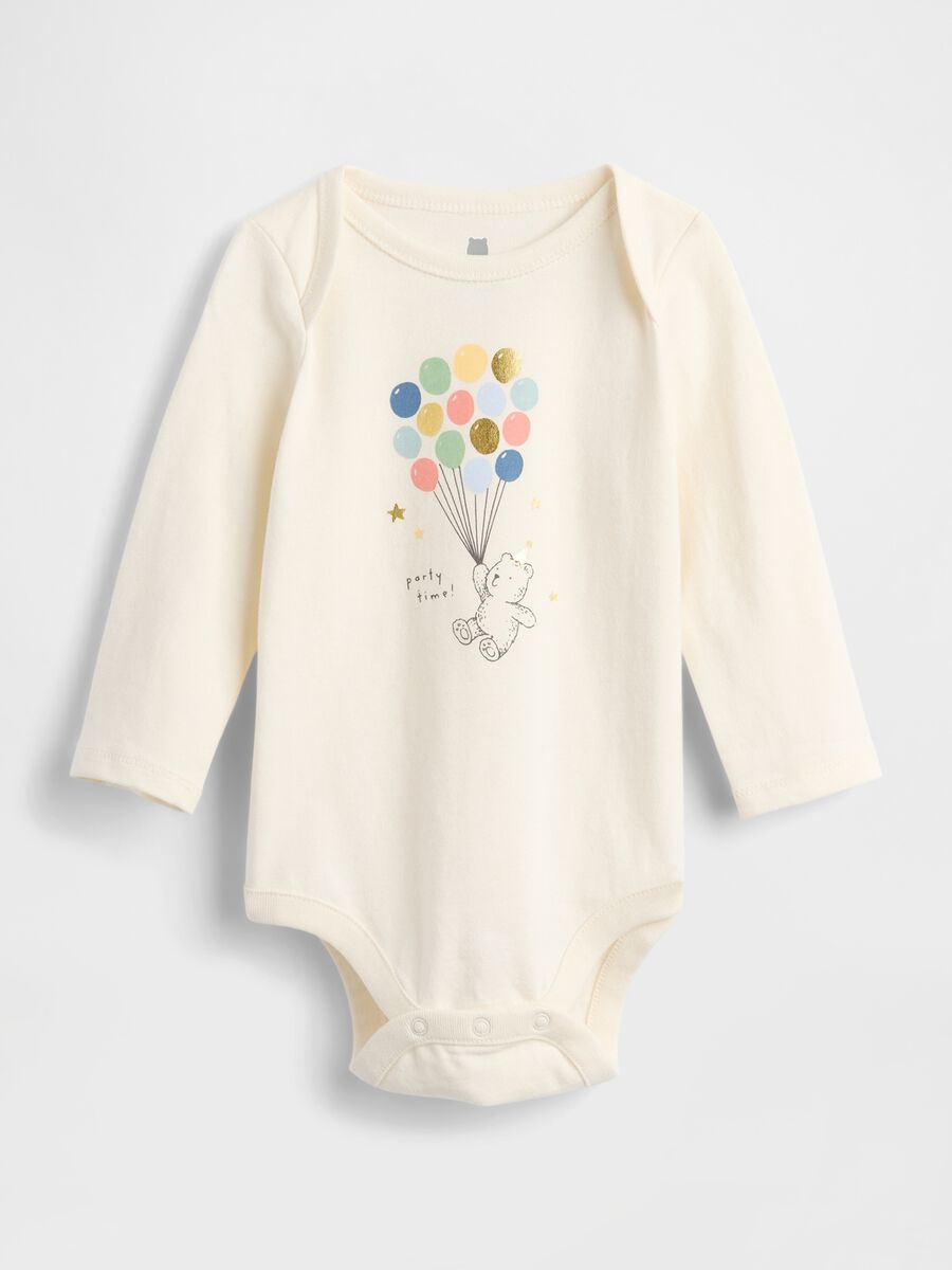 Beige cotton bodysuit with bear print_0