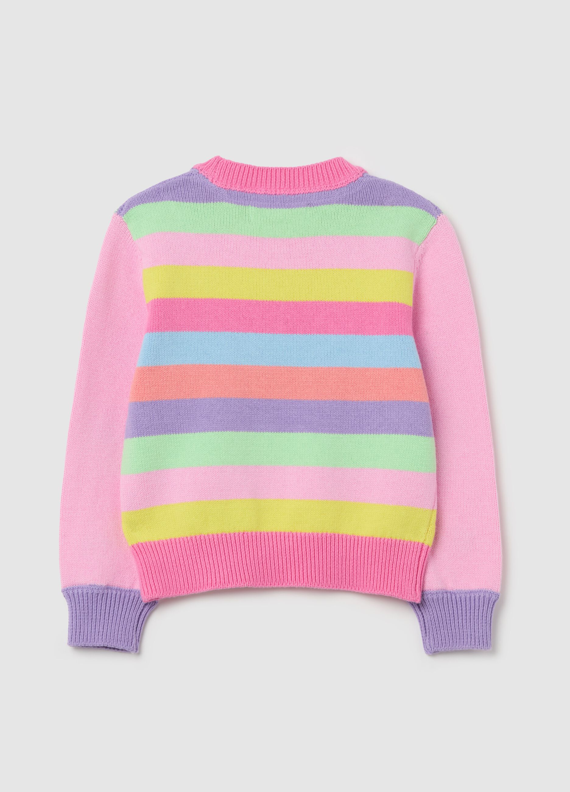 Striped cotton pullover with small flowers embroidery