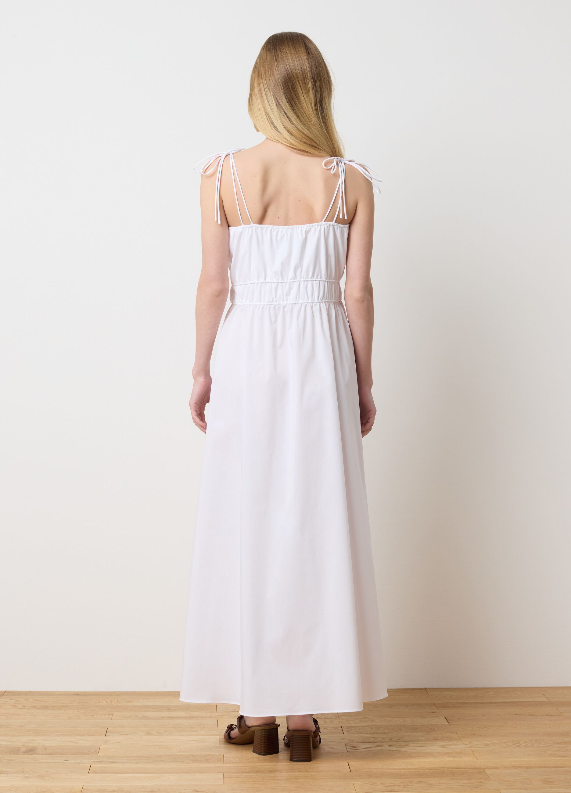 Women's long white cotton blend dress with regular fit and details