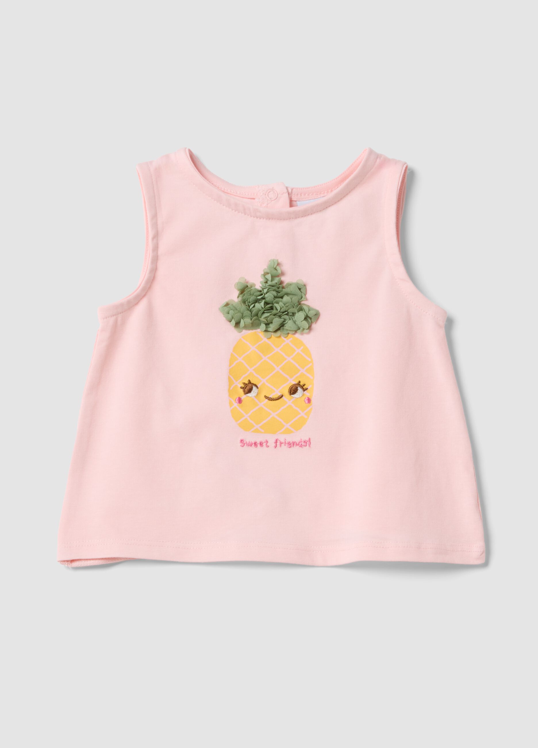 Pink stretch cotton fitted vest top with print and applique for baby girl