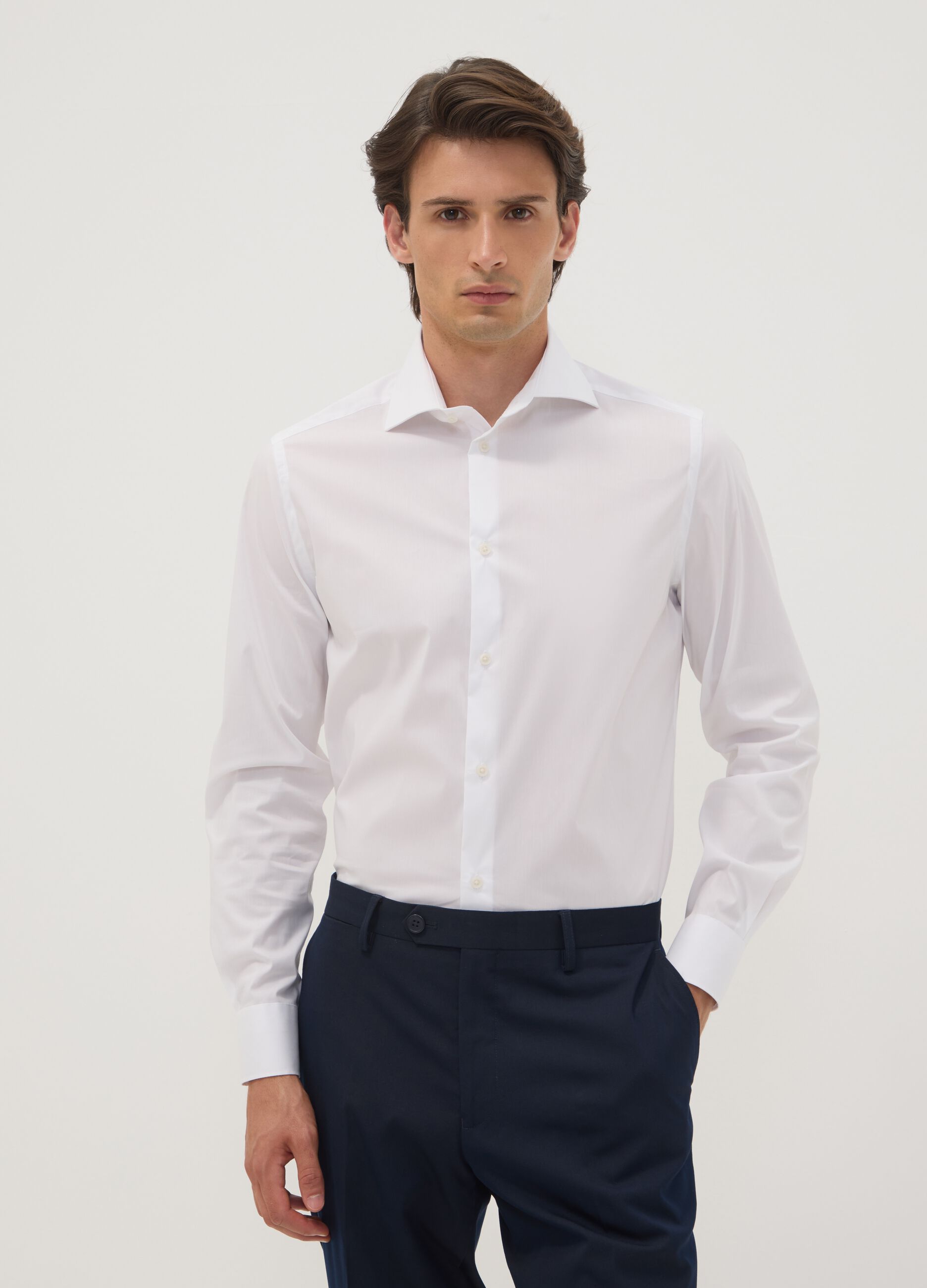 White stretch cotton poplin shirt with French collar, slim fit