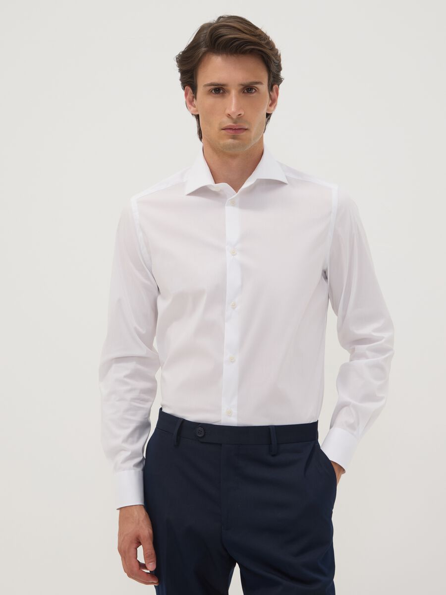 White stretch cotton poplin shirt with French collar, slim fit_0