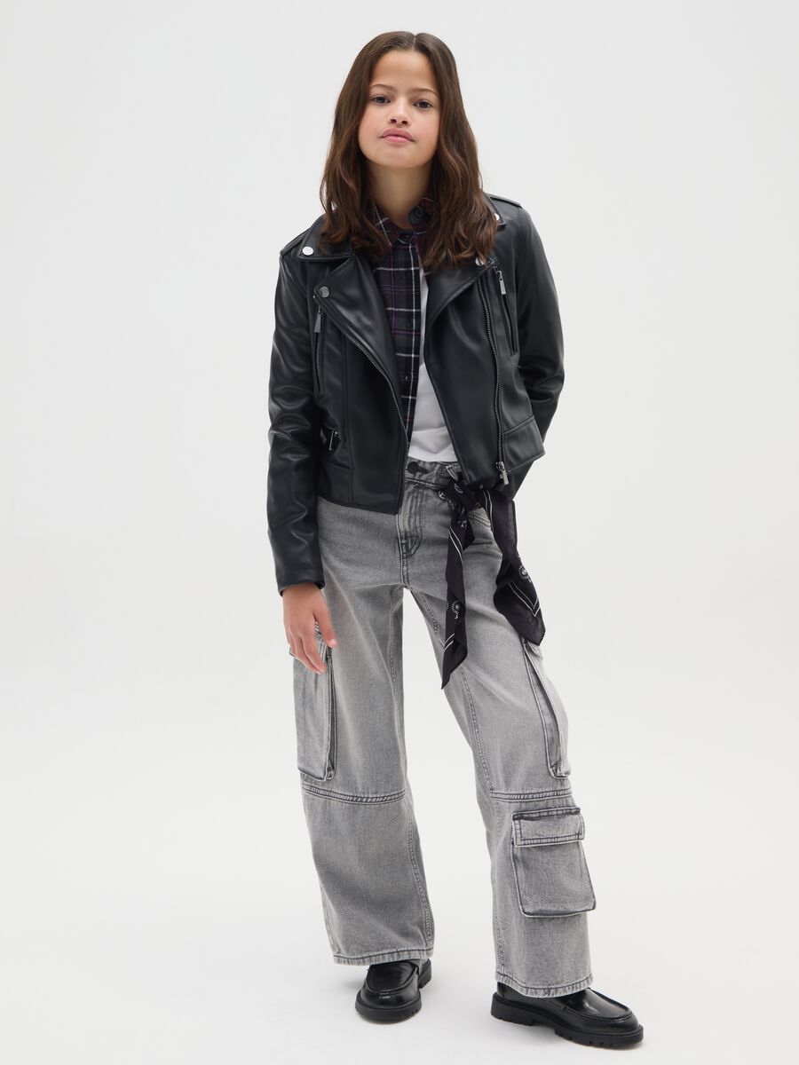 Jeans cargo da ragazza in puro cotone grigi dritti_0