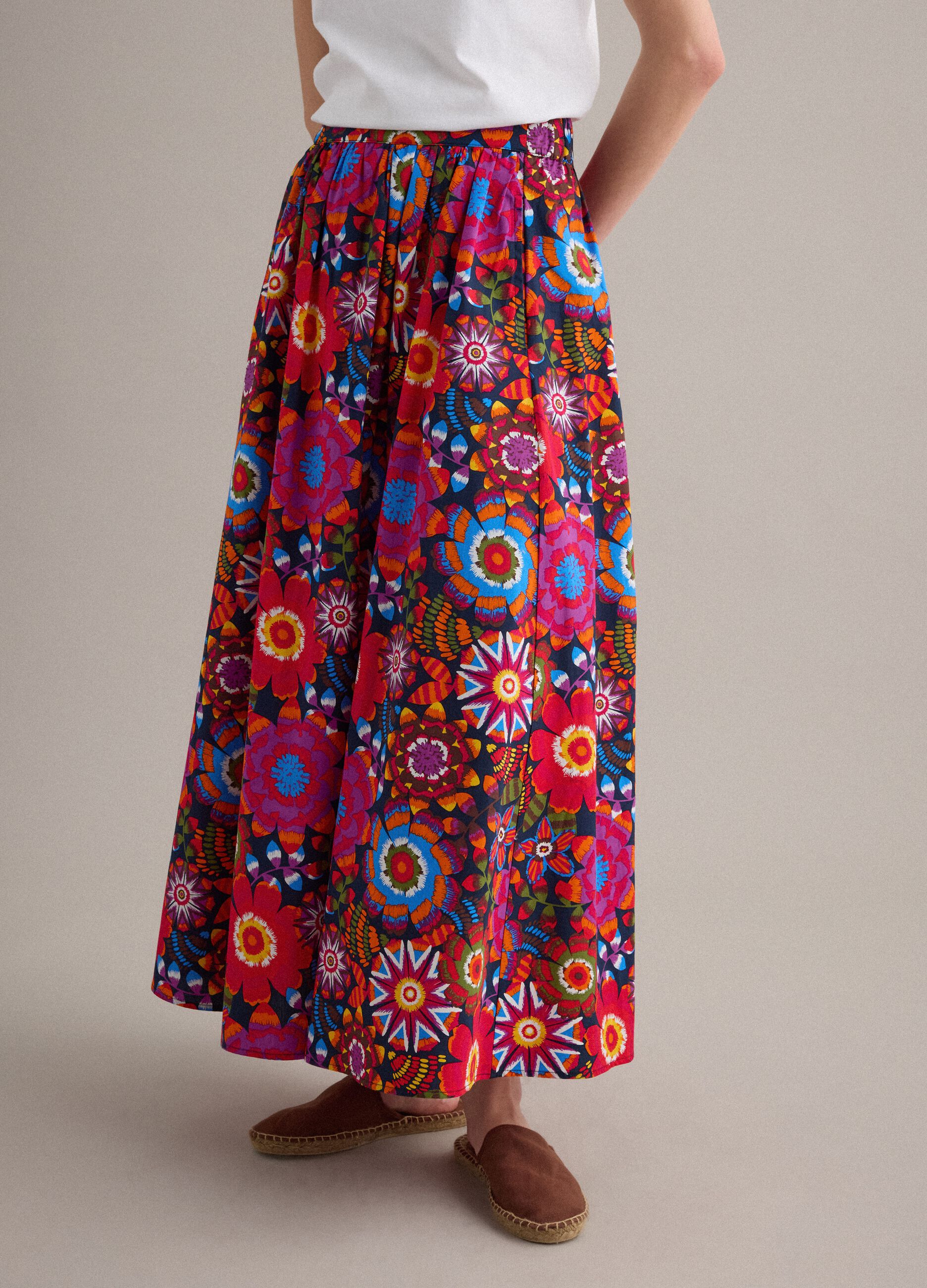 Multicolour midi skirt in pure cotton with elasticated waist