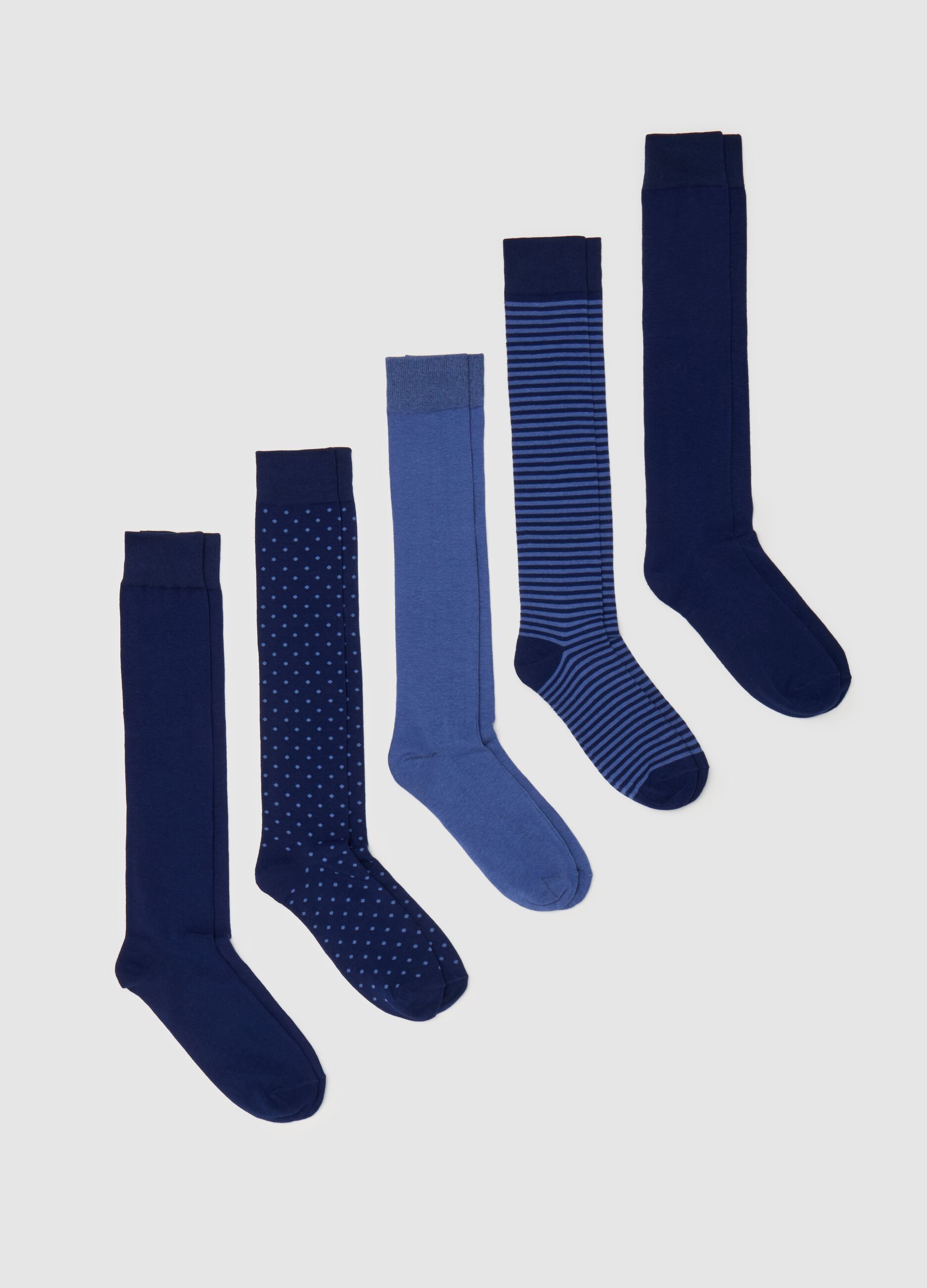 Five-pair pack long socks with stripes and polka dots pattern