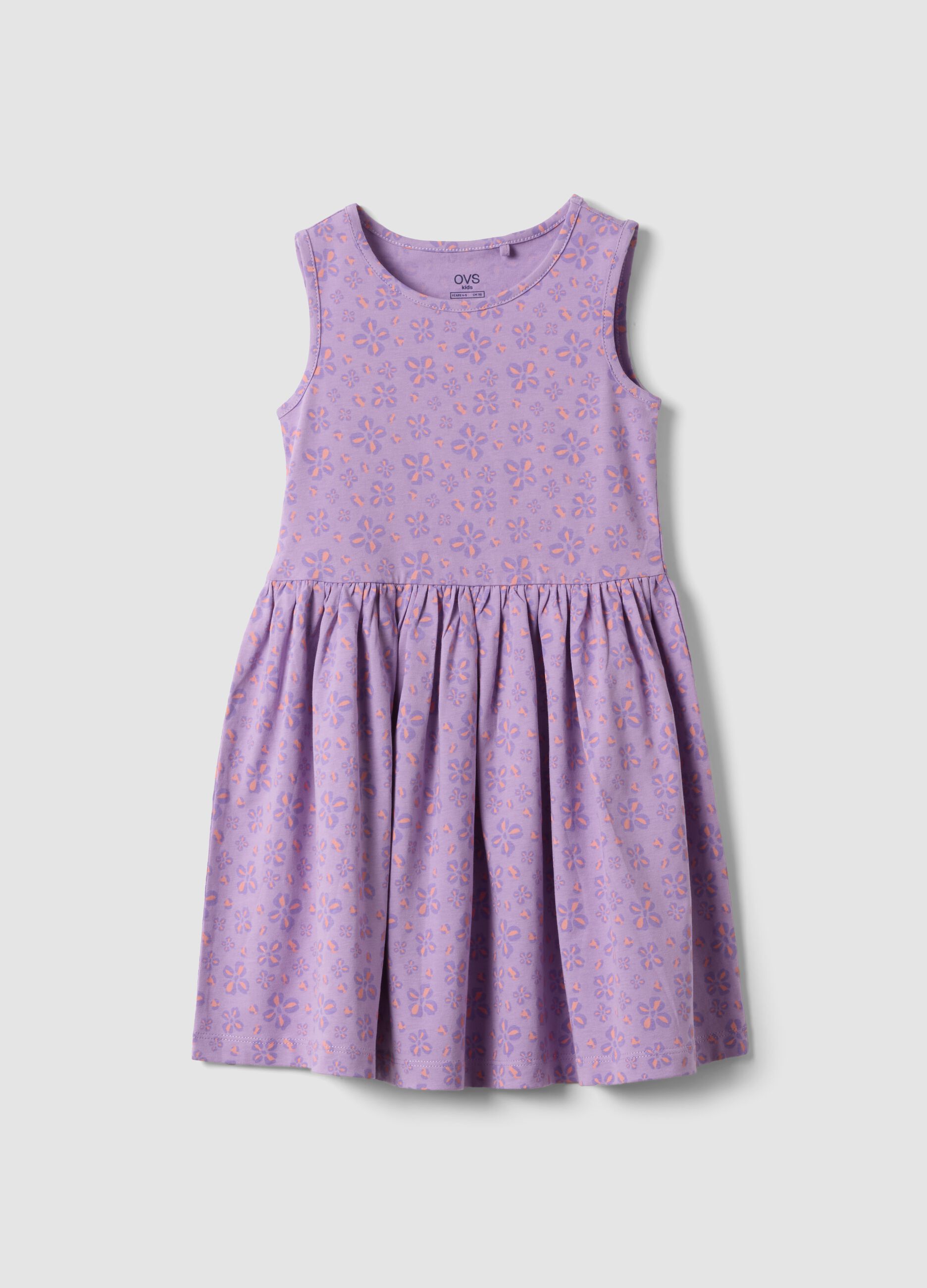 Purple pure cotton dress with floral print