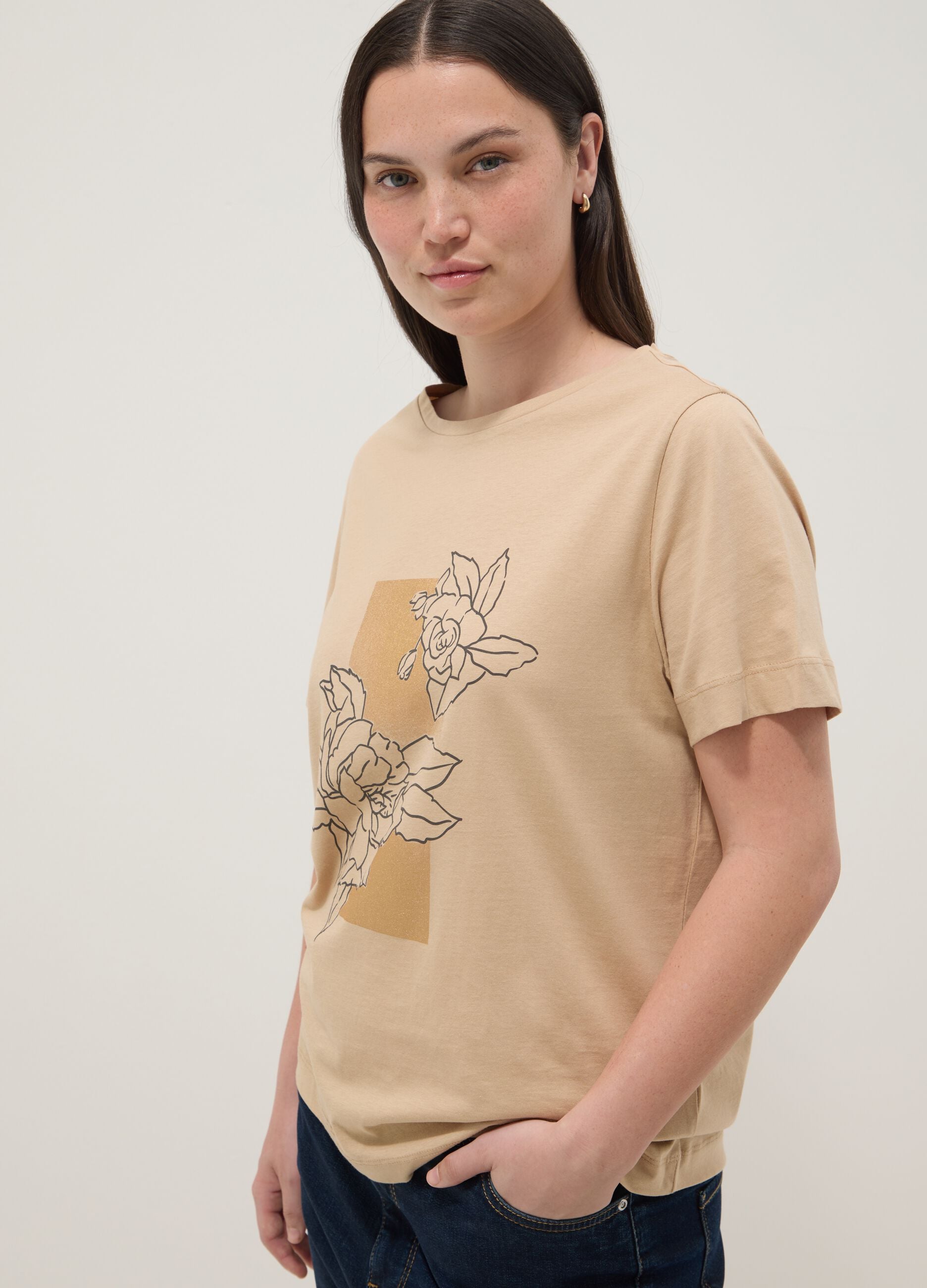 Beige short-sleeve pure cotton printed T-shirt, regular fit