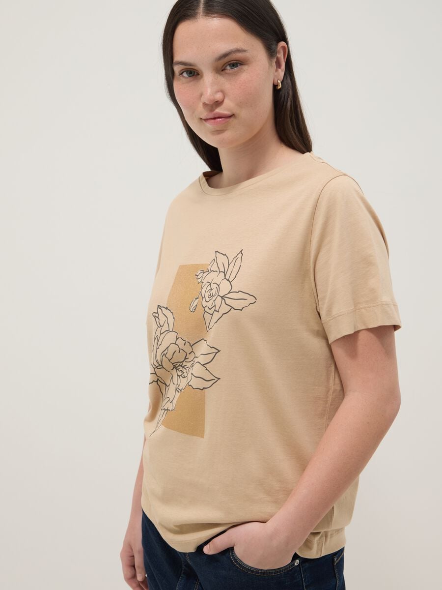Beige short-sleeve pure cotton printed T-shirt, regular fit_2