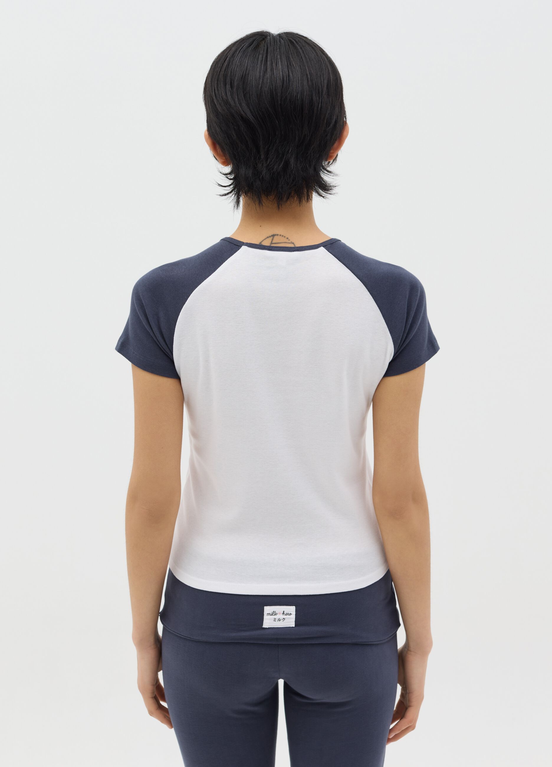 White T-shirt with blue raglan sleeves