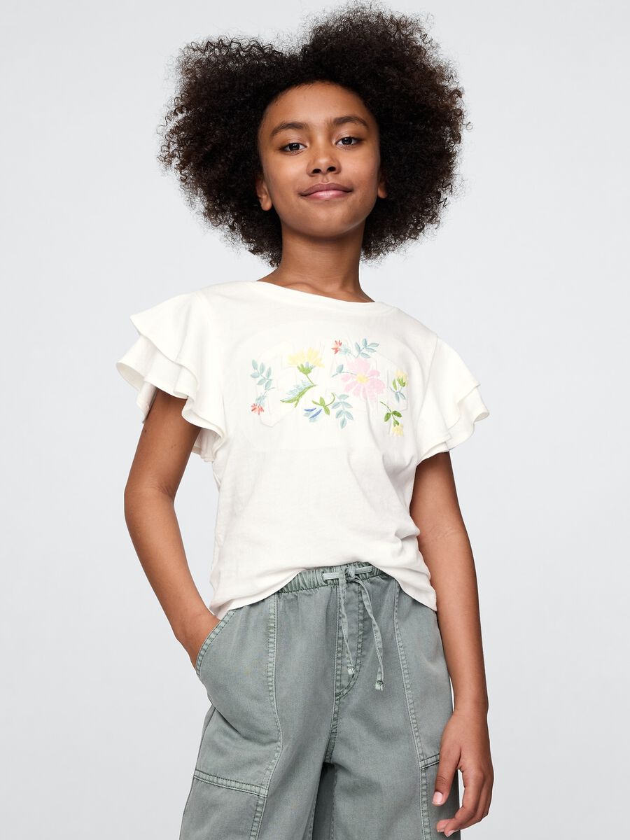 White short sleeve t-shirt with frills and floral print_0