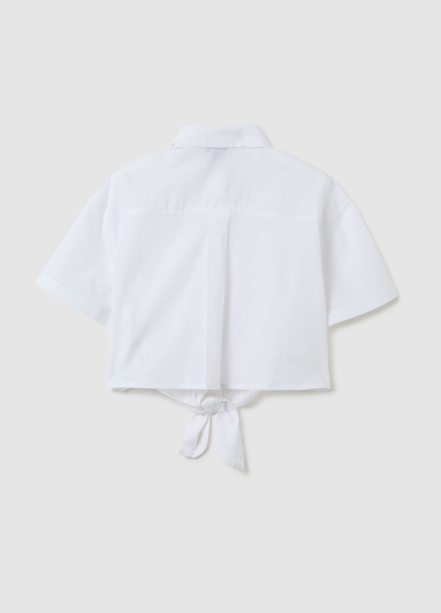 Camicia corta da ragazza in cotone e lino bianca regular fit con nodo frontale