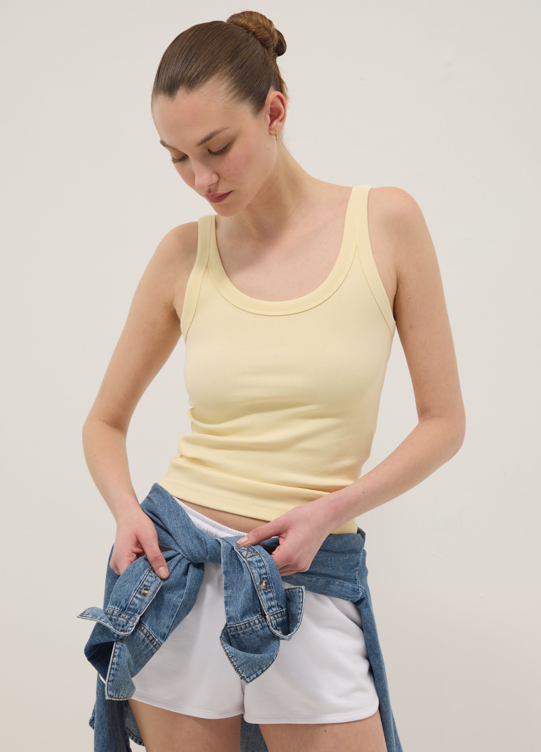 Yellow ribbed stretch cotton tank top