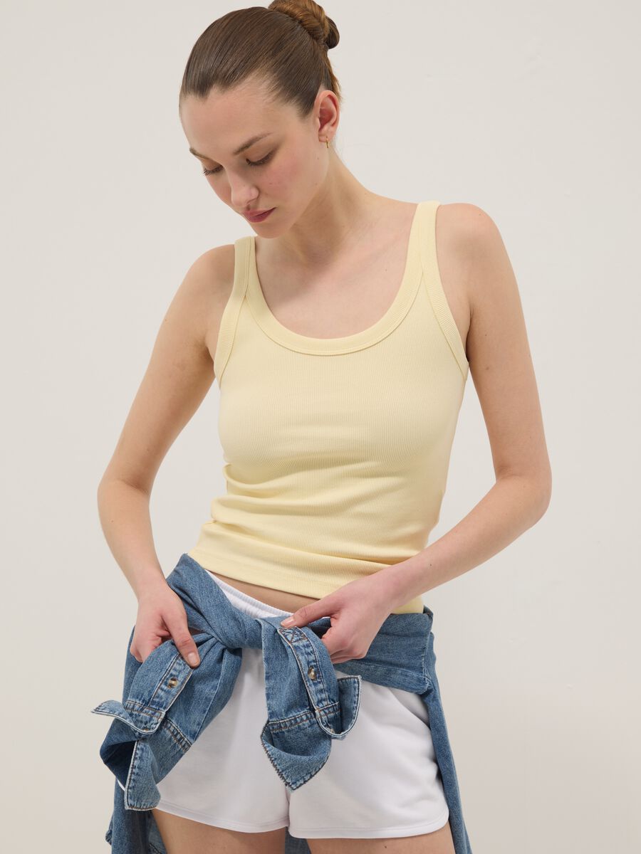 Yellow ribbed stretch cotton tank top_0