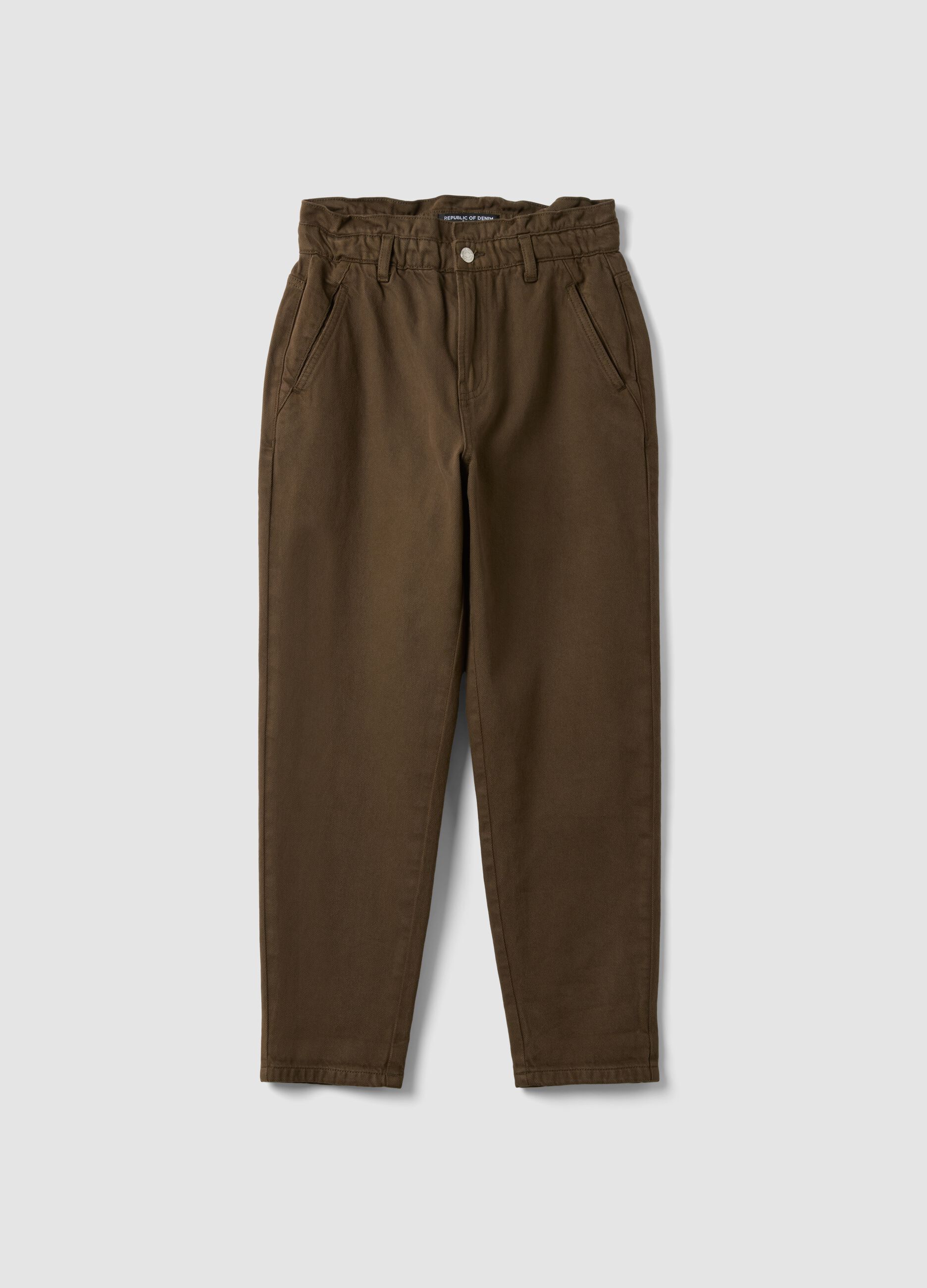 Brown denim baggy-fit jeans in pure cotton with paperbag waist