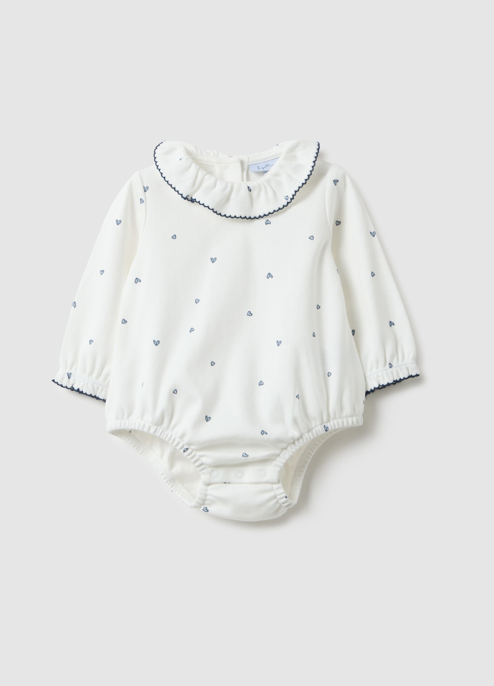 Body in puro cotone bianco da neonata con colletto a volant e cuori