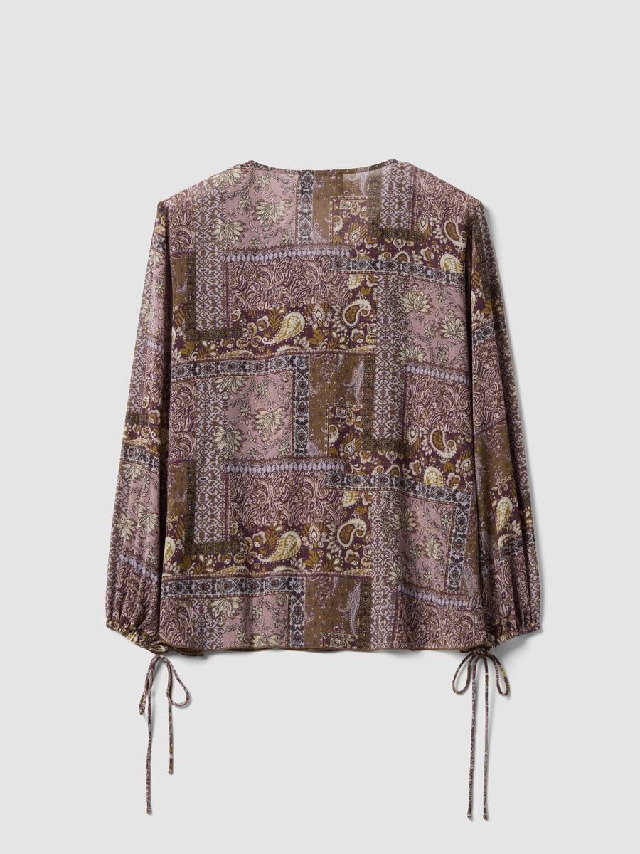 Purple patterned blouse with ruffles and tie neck_1