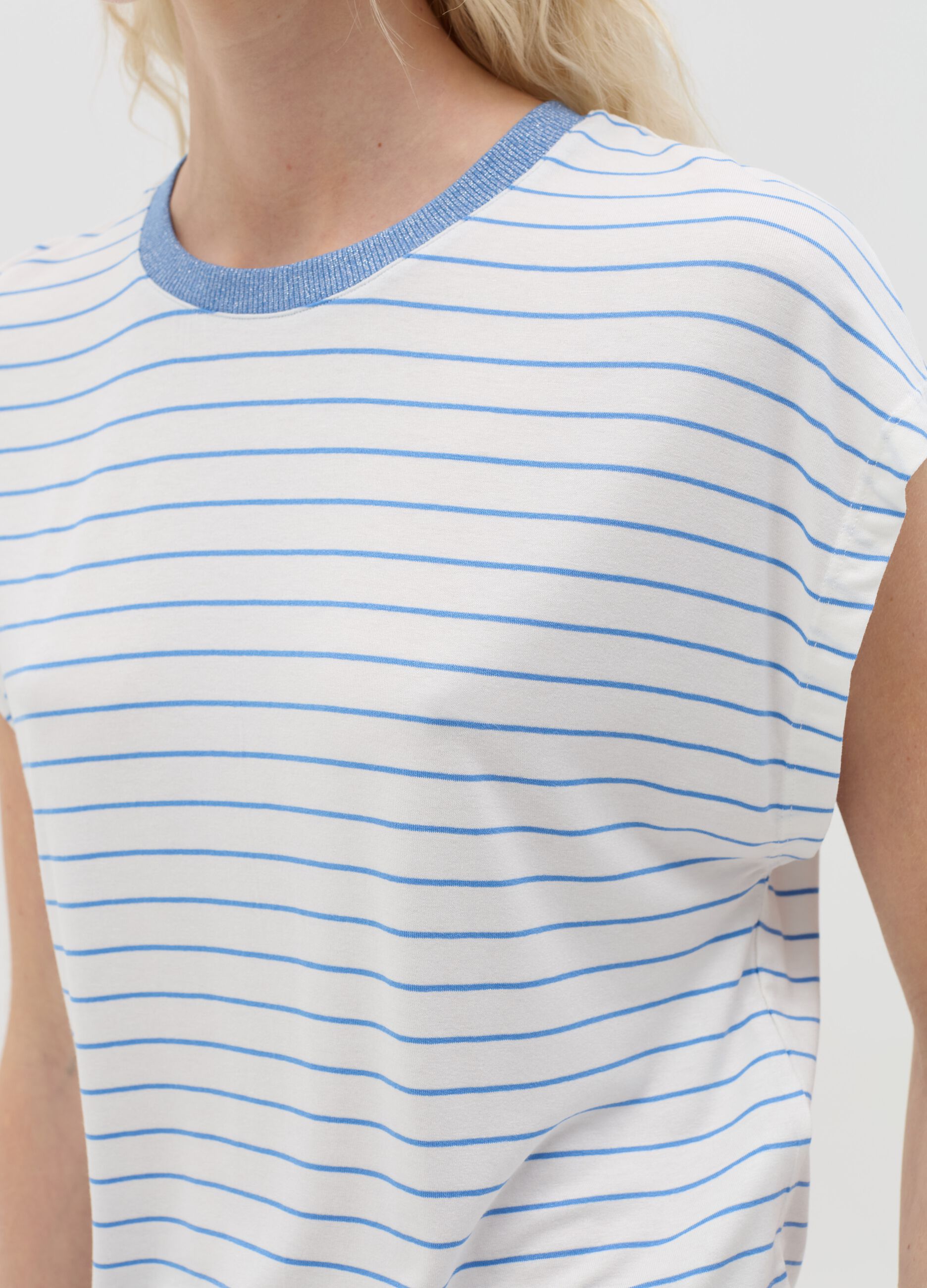 White and light blue striped T-shirt with short sleeves