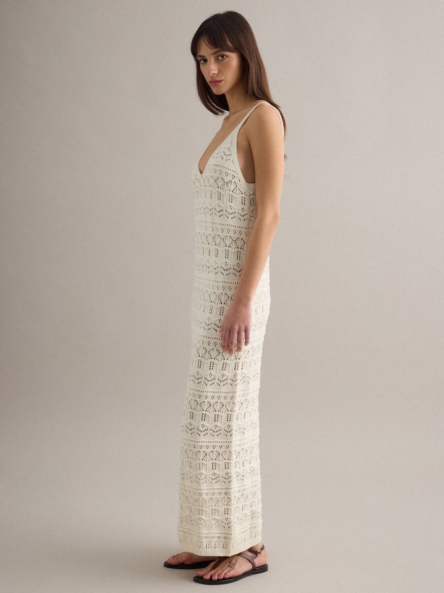 Long white pure cotton slim fit dress with mesh texture_1