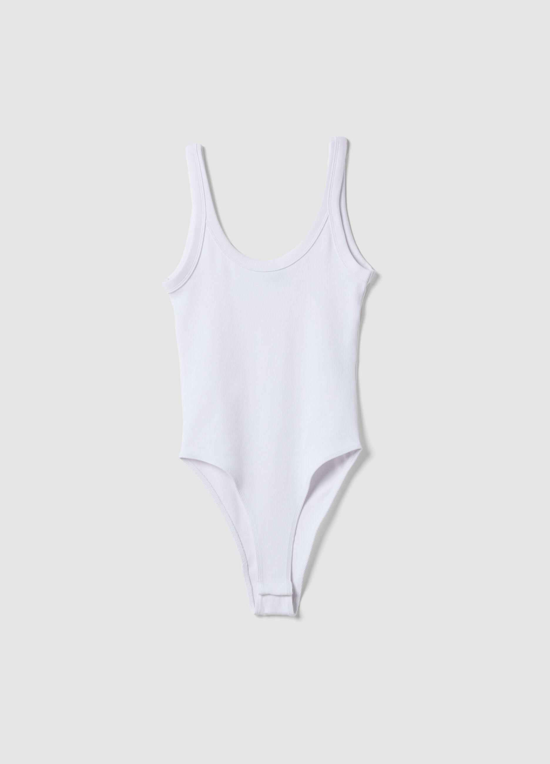 White ribbed stretch-cotton bodysuit with wide neckline