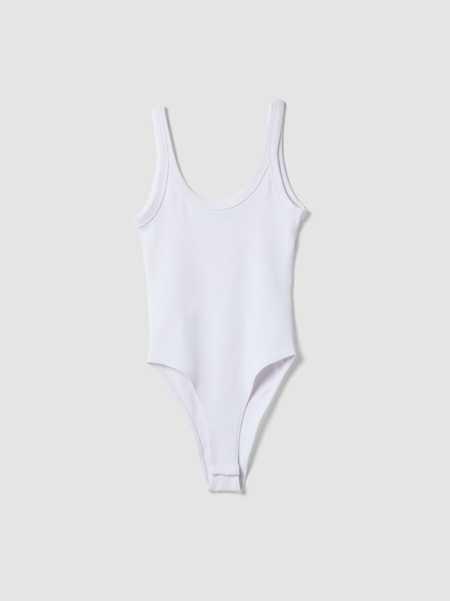 White ribbed stretch-cotton bodysuit with wide neckline_0