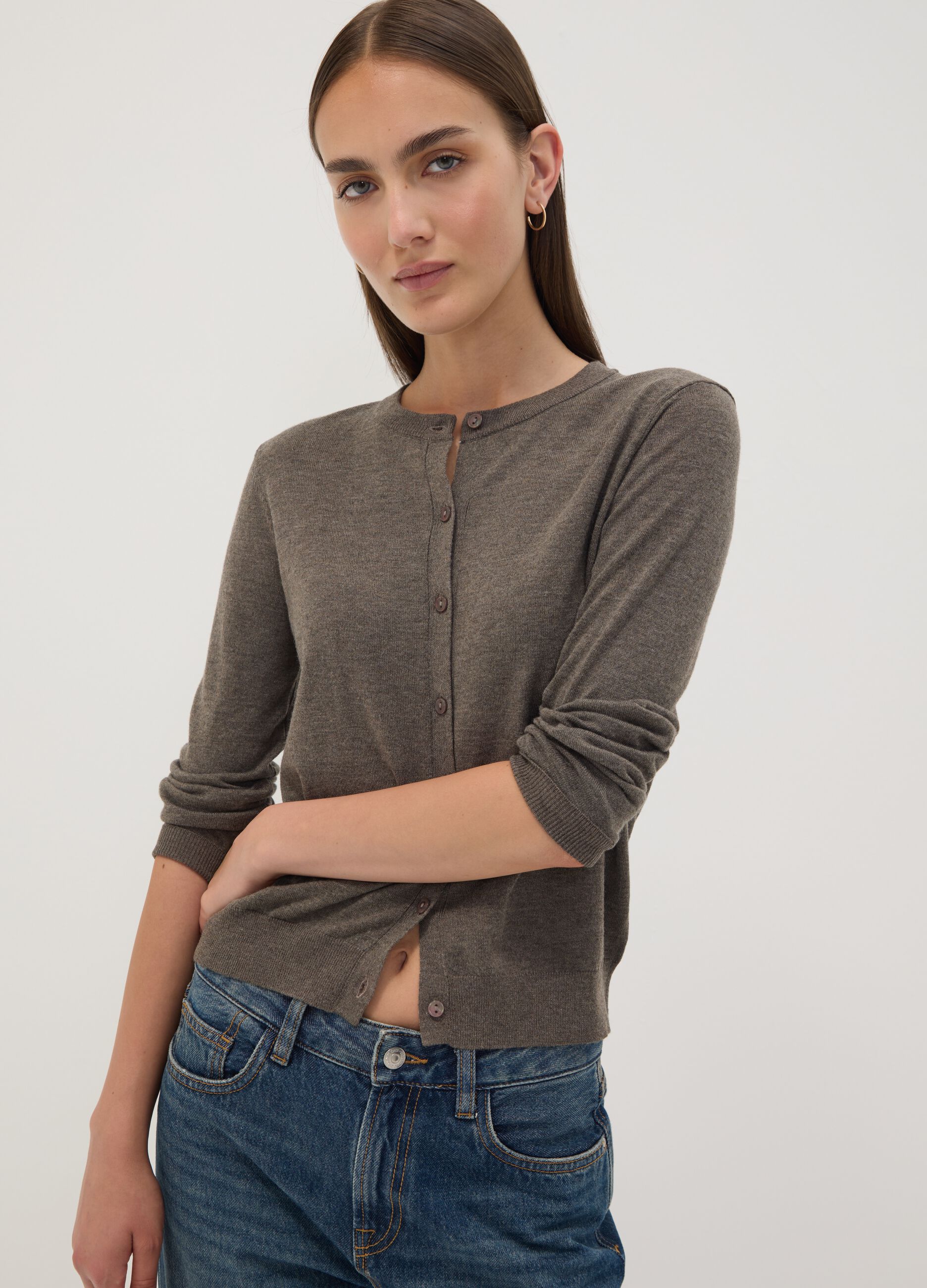 Grey wool-blend crew-neck cardigan