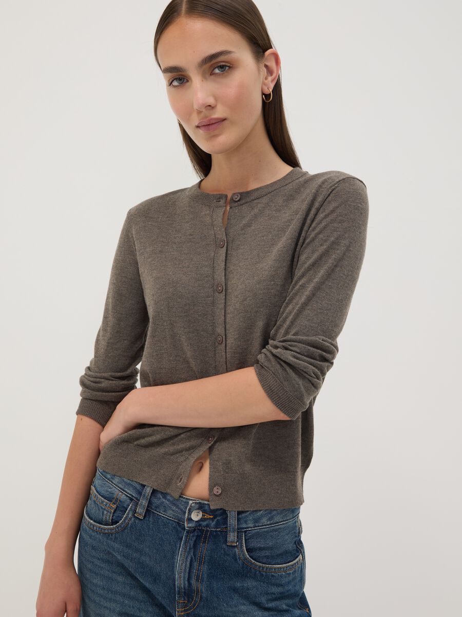 Grey wool-blend crew-neck cardigan_0