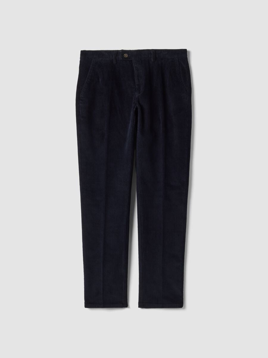Pantaloni blu in cotone elasticizzato a coste_0