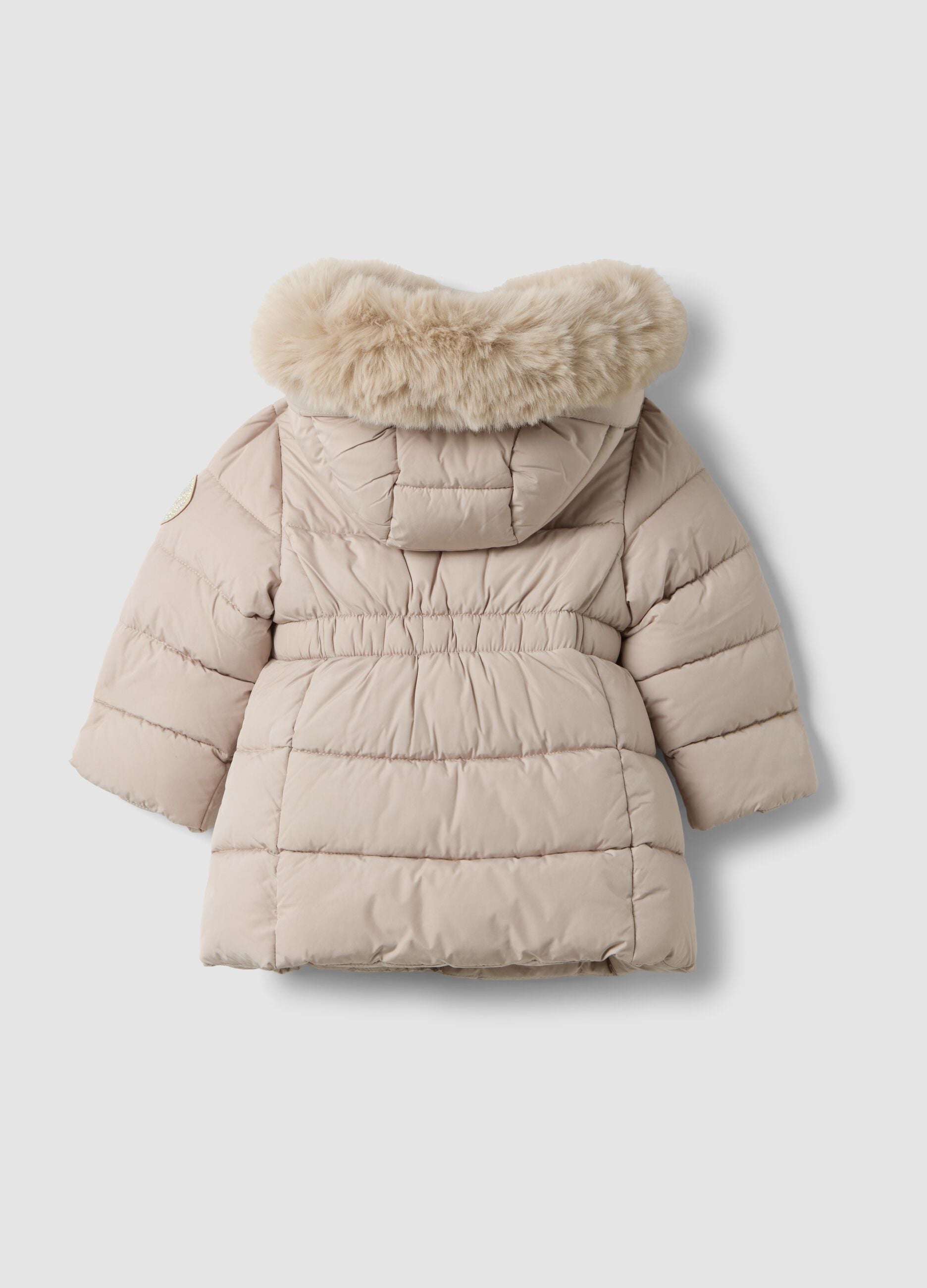 Taupe padded hooded jacket with contrast trim